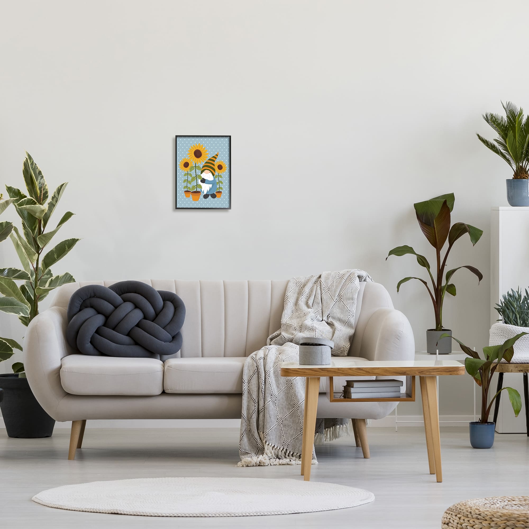 Stupell Industries Sunflower Garden Gnome Striped Hat Blue Polka Dots in Black Frame Wall Art