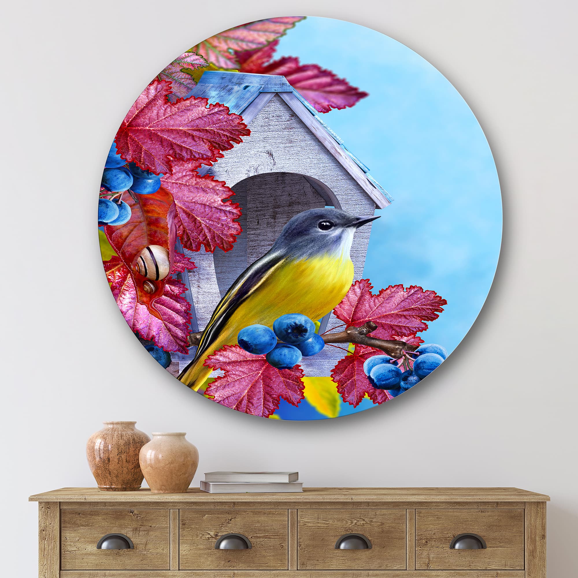 Designart - Titmouse Bird Sitting On A Branch Near A Birdhouse - Traditional Metal Circle Wall Art