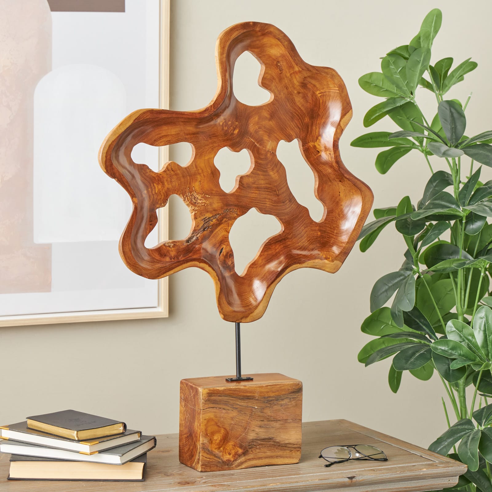 31" Brown Abstract Cutout Teak Wood Sculpture with Block Base