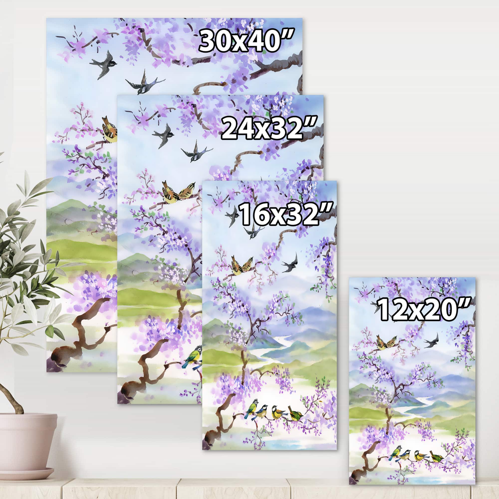 Designart - Birds On Cherry Branch - Traditional Canvas Wall Art Print