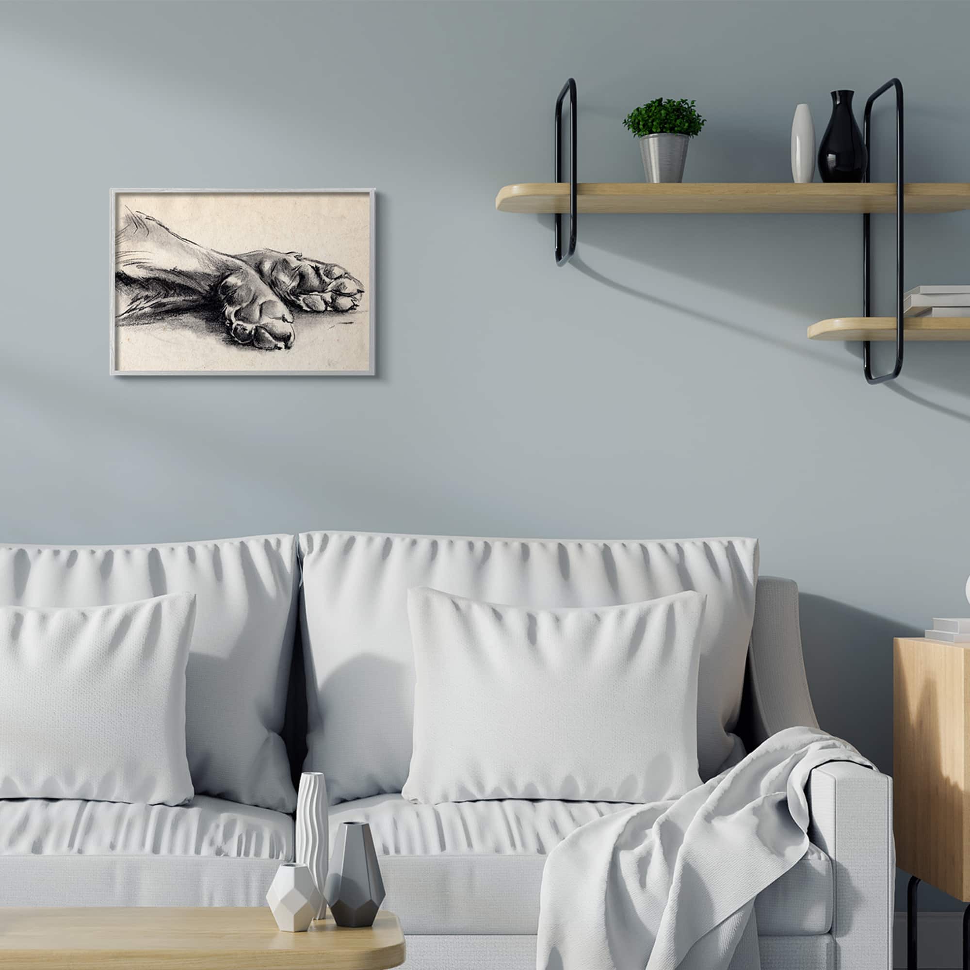 Stupell Industries Dog Paw Charcoal Design Minimal Tan Black in Gray Frame Wall Art