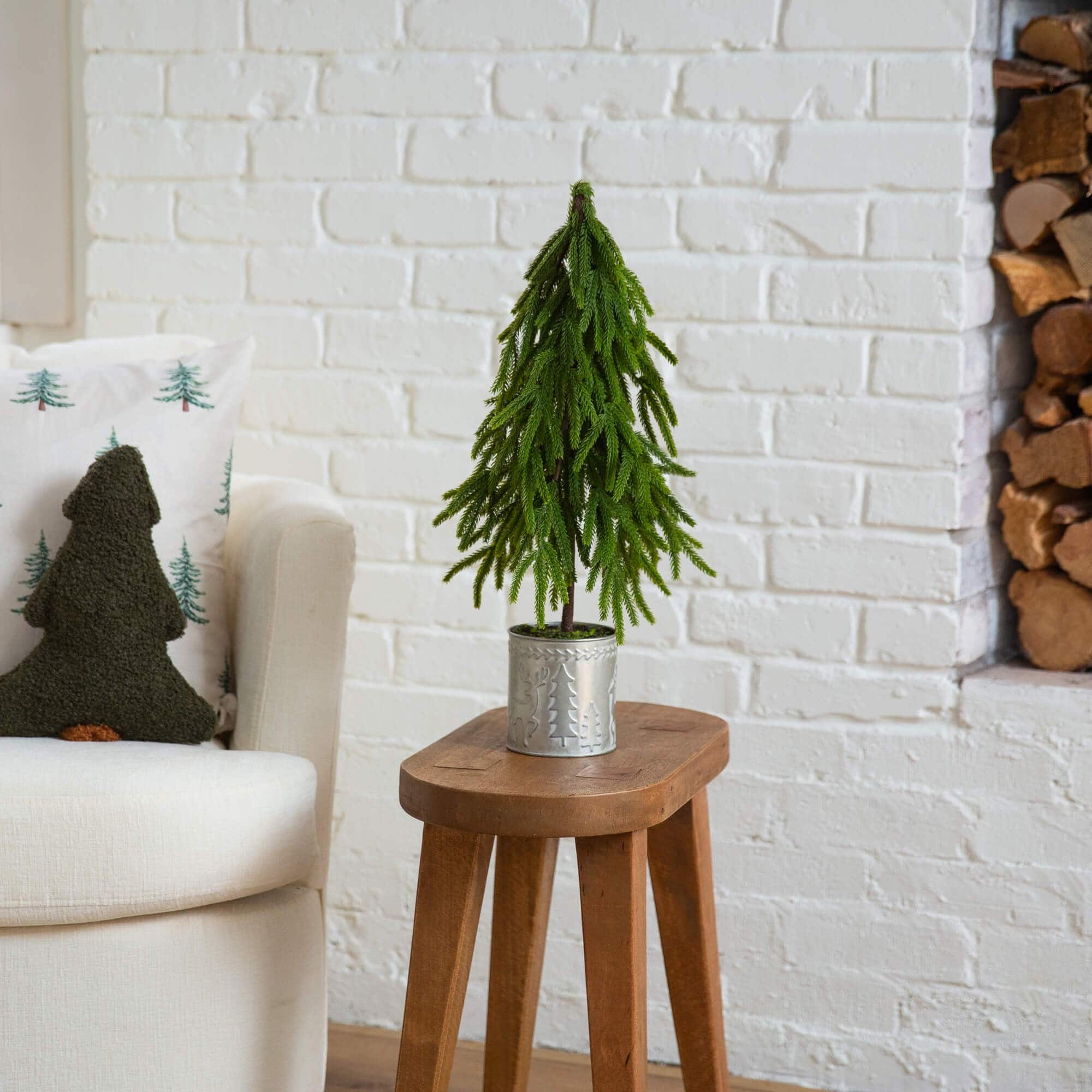 20" Real Touch Down Swept Norfolk Island Pine Artificial Christmas Tree in Metal Planter