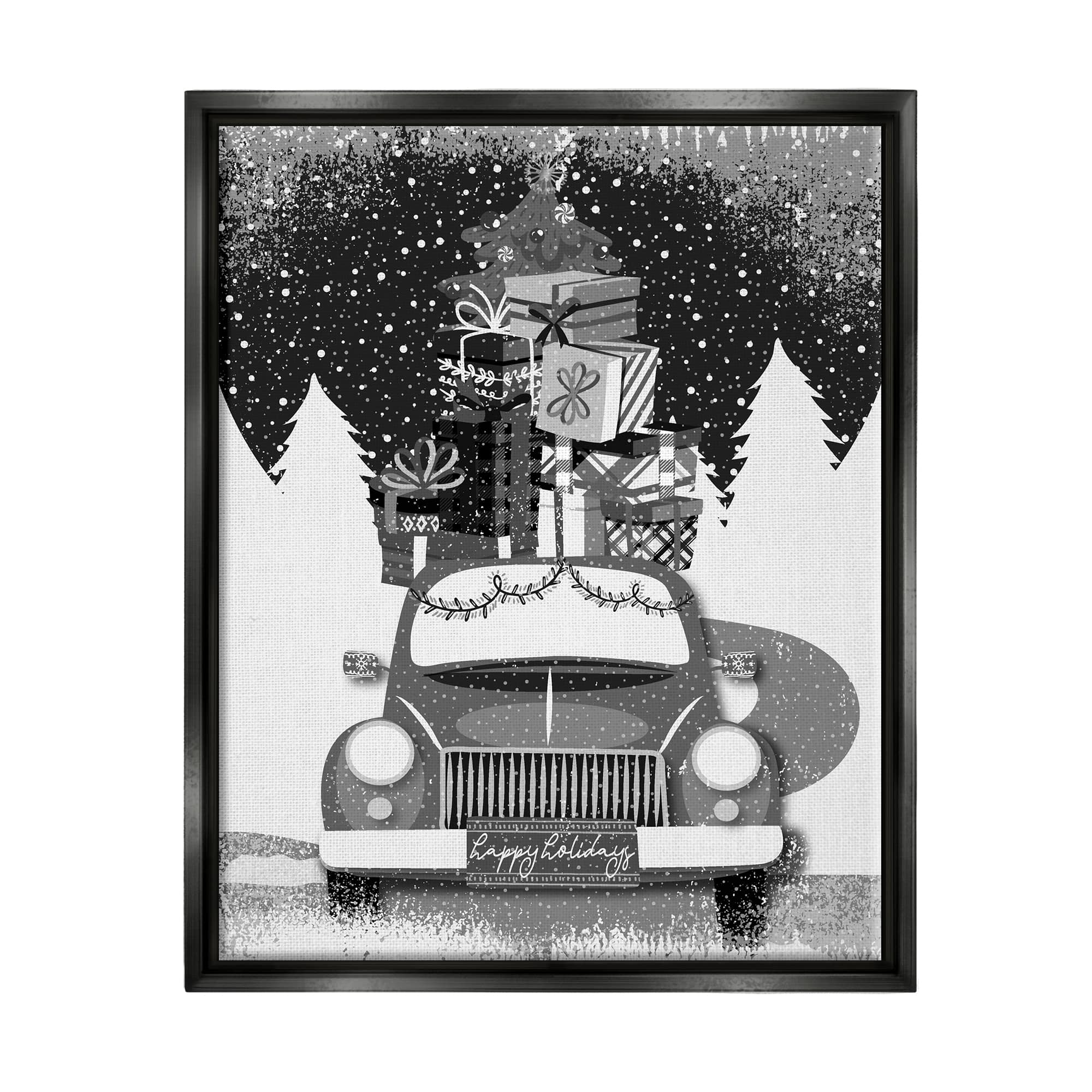 Stupell Industries Happy Holidays Gifts Car Framed Floater Canvas Wall Art