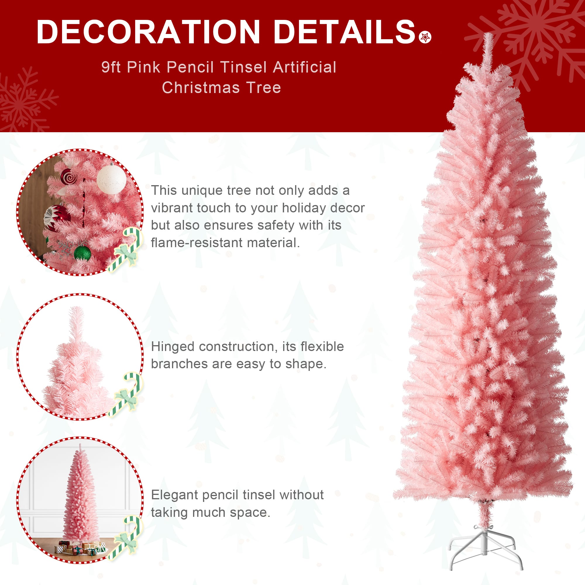 9ft. Unlit Pink Pencil Tinsel Artificial Christmas Tree