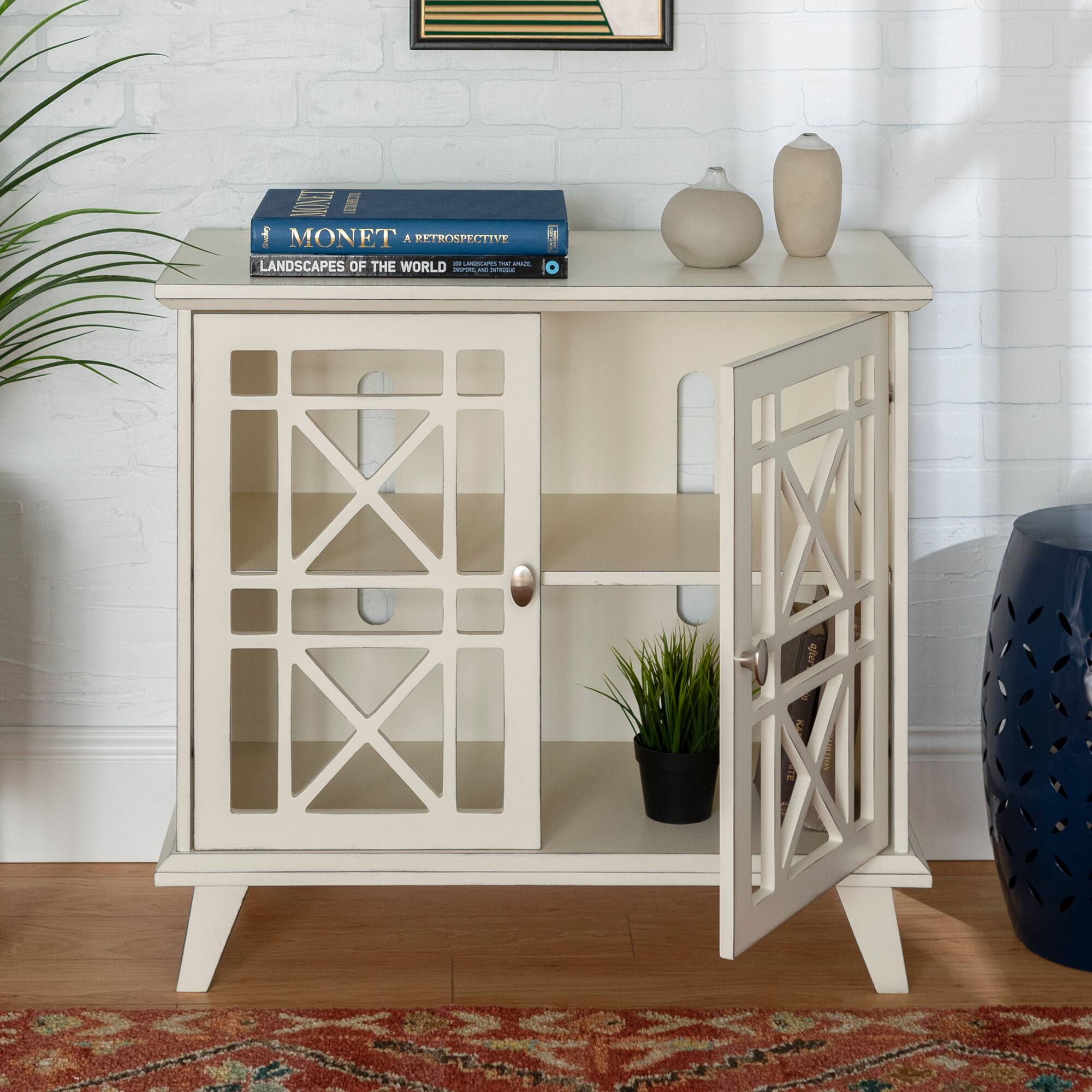 Walker Edison 32" Antique White Fretwork Accent Storage Cabinet