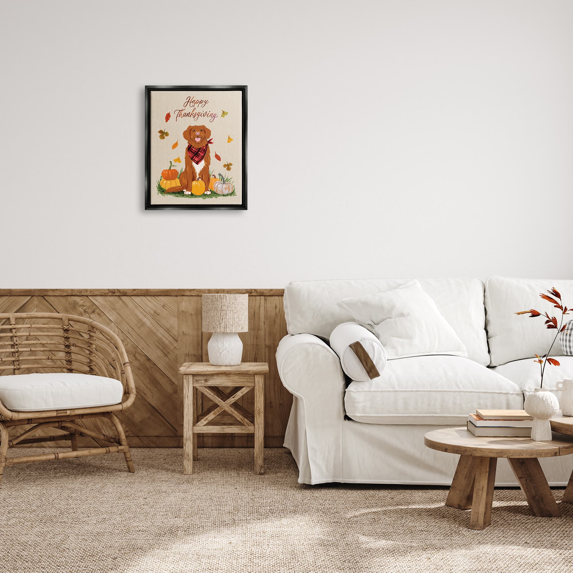 Stupell Industries Happy Thanksgiving Pumpkins Dog Framed Floater Canvas Wall Art