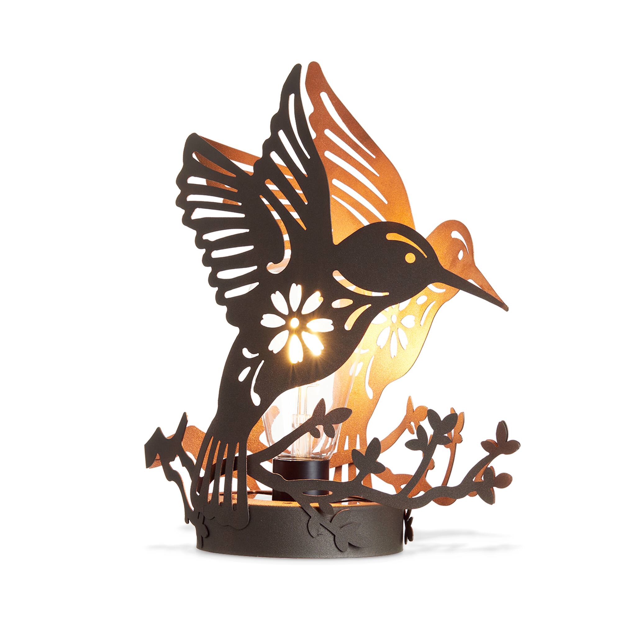 Glitzhome® 9.75" Metal Flying Hummingbird Silhouette Solar Powered Edison Bulb Outdoor Lantern