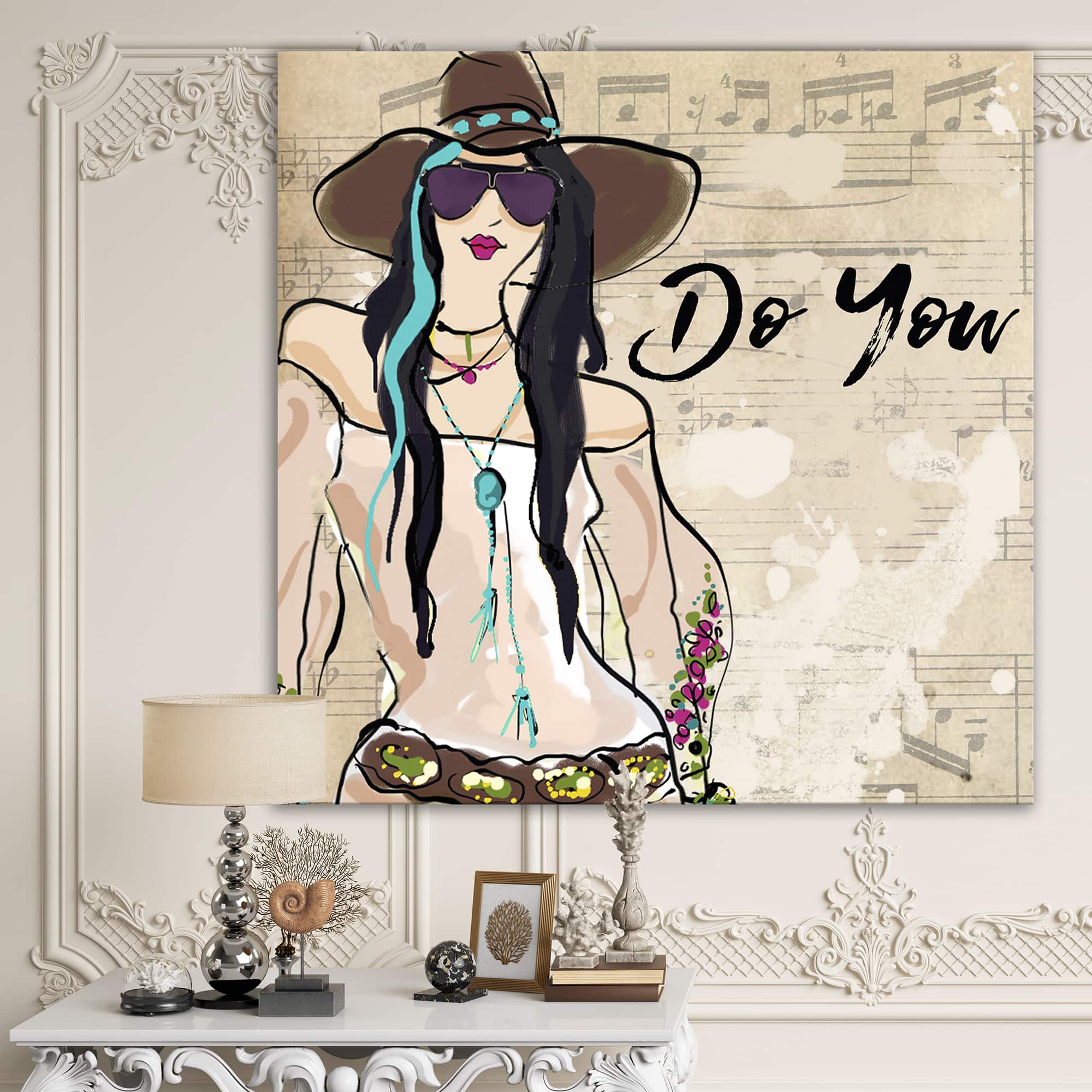 Designart - Hippy Girl On Old Style Music Score