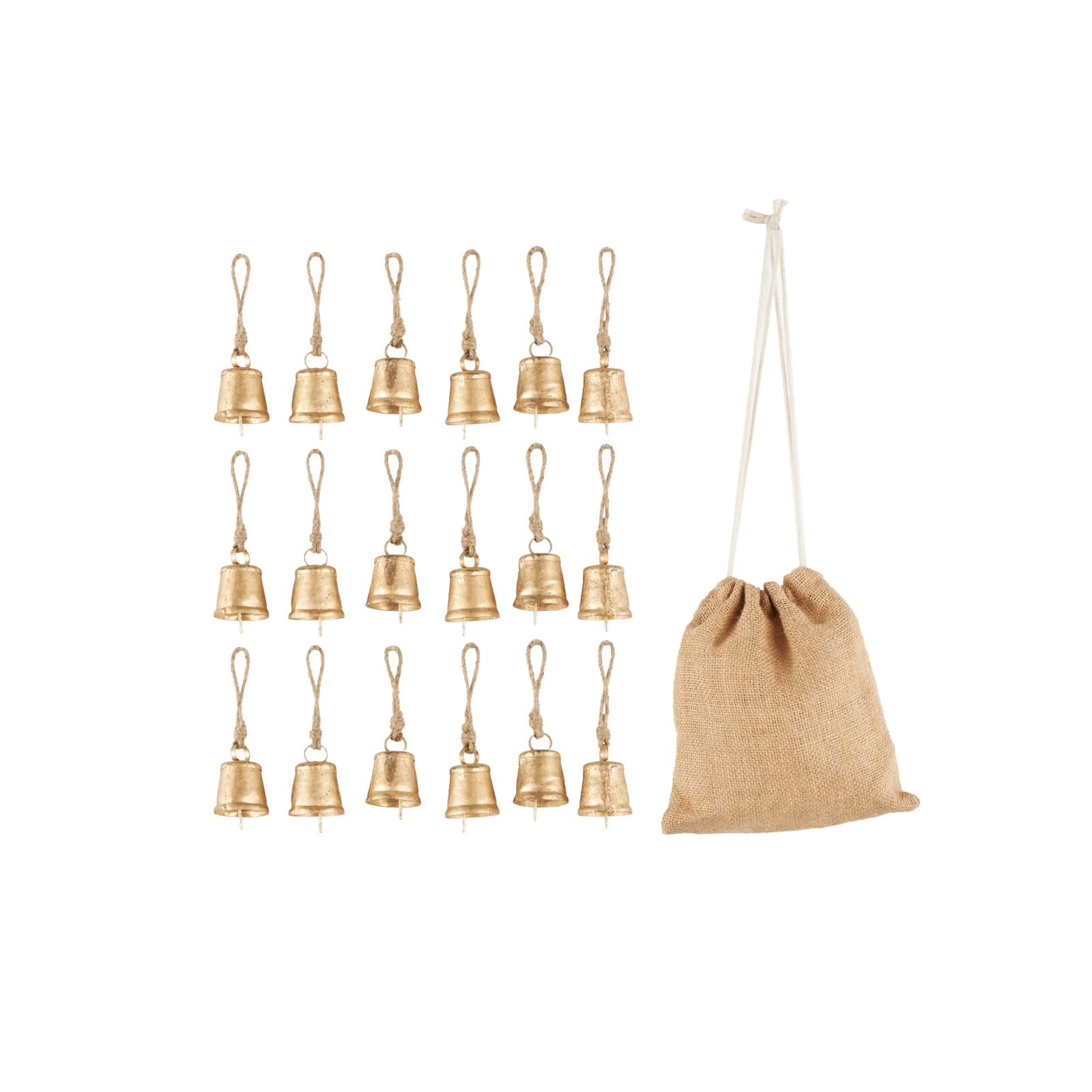 Gold Metal Tibetan-Inspired Decorative Bells with Jute Rope and Canvas Drawstring Tote Set