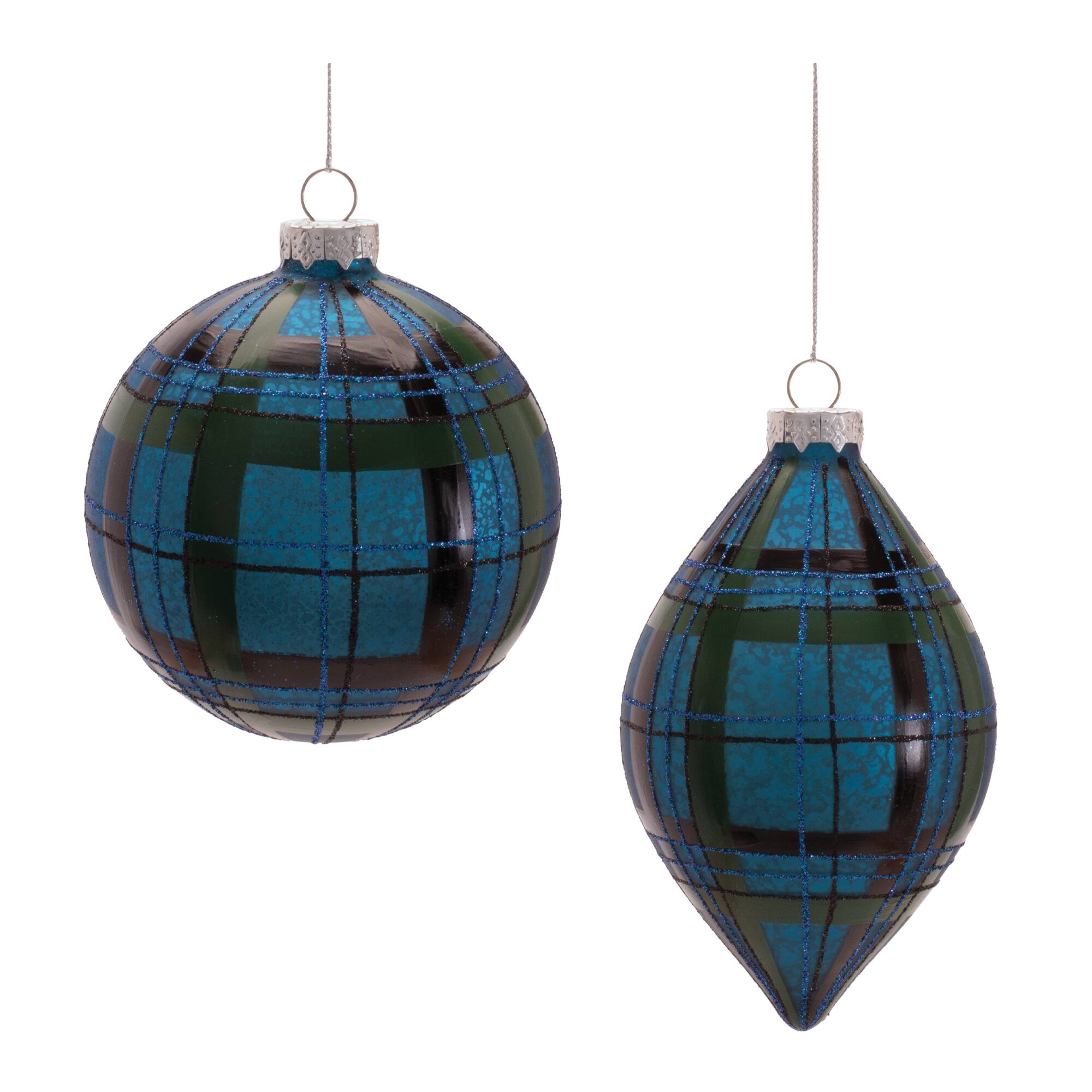Melrose Ball & Finial Plaid Glass Ornaments Set
