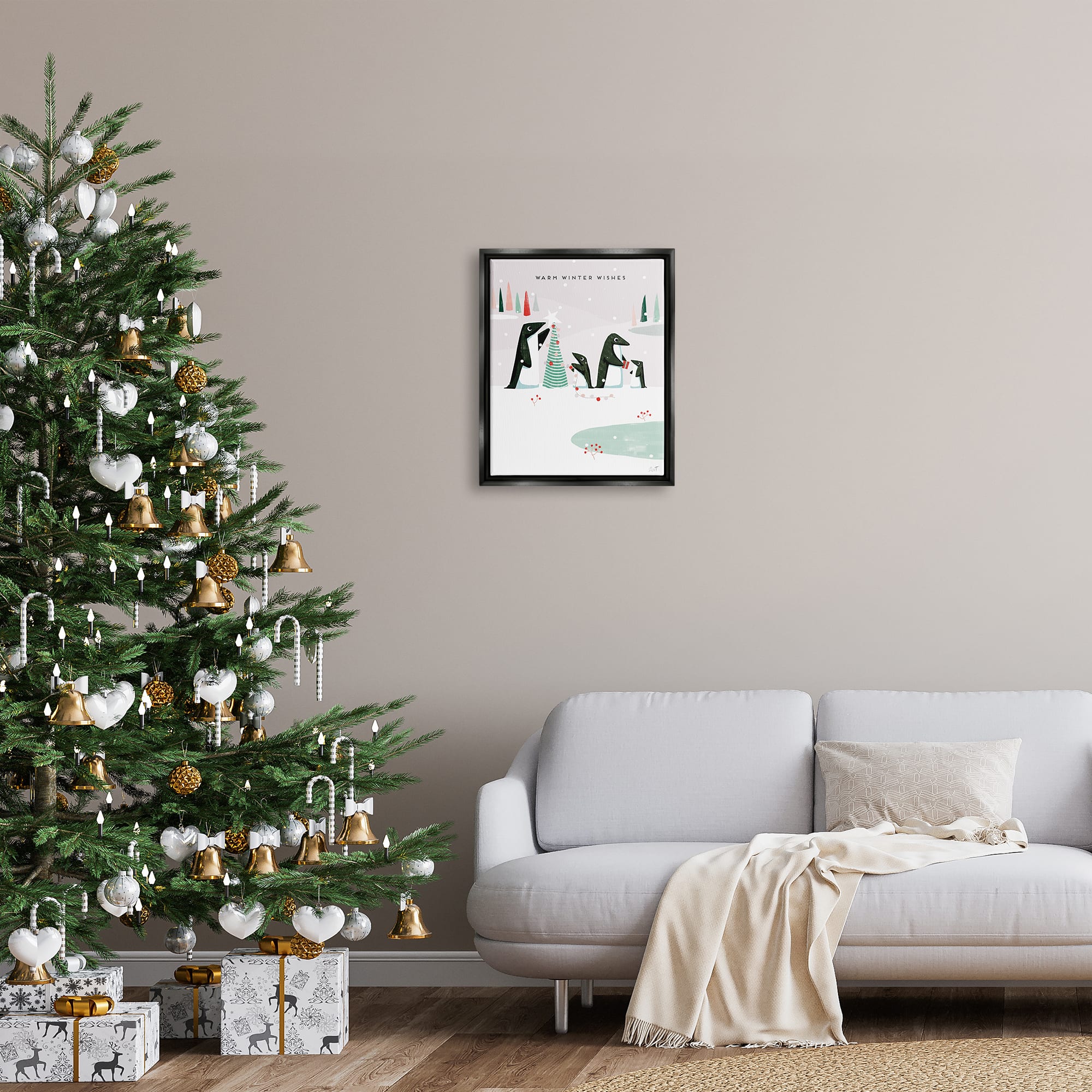 Stupell Industries Warm Winter Wishes Snowy Penguins Framed Floater Canvas Wall Art