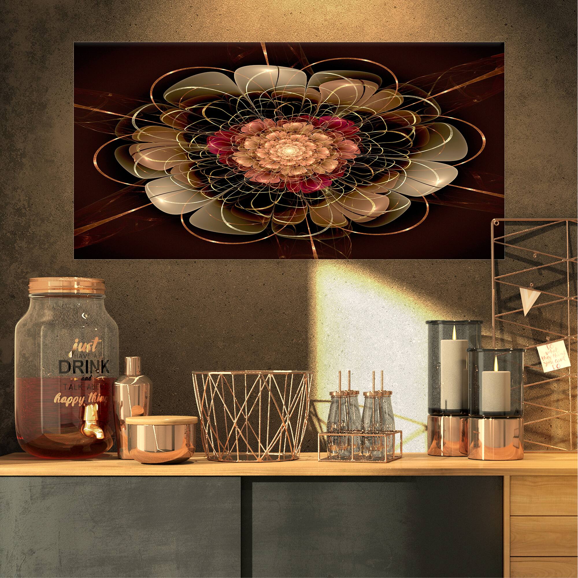 Designart - Dark Gold Red Fractal Flower Pattern - Extra Large Floral Wall Art