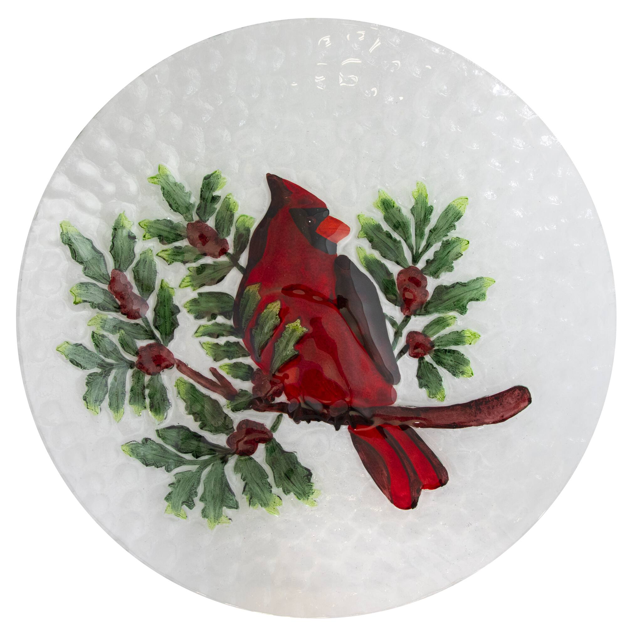 21" Red Cardinal & Pine Cone Glass Bird Bath with Stand
