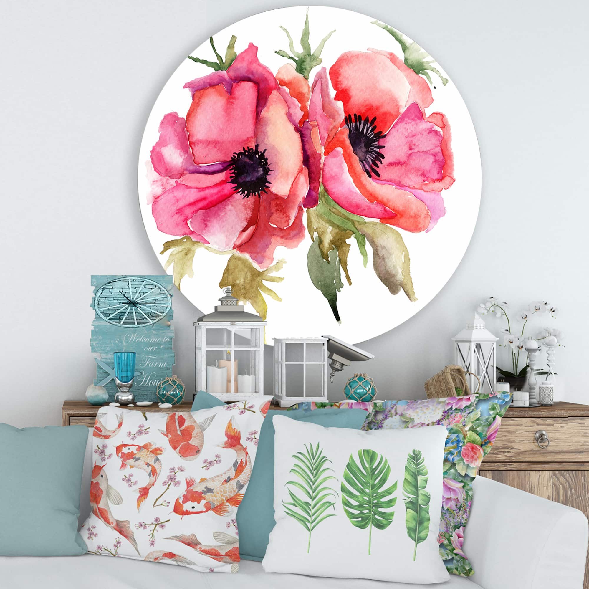 Designart - Stylized Poppy Flowers - Traditional Metal Circle Wall Art