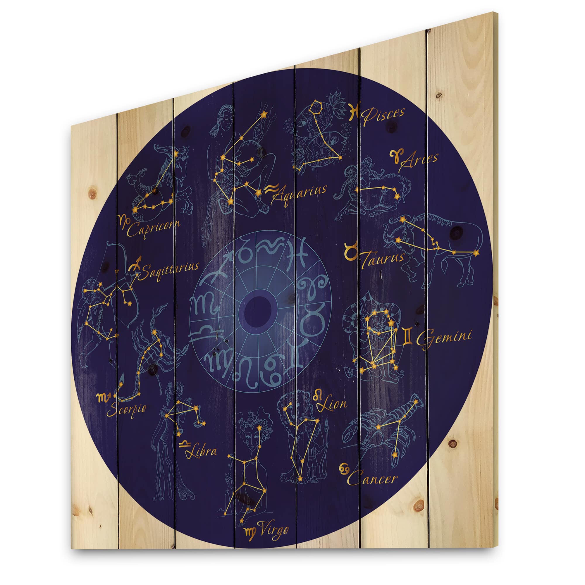 Designart - Zodiac With Constellations and Zodiac Signs - Modern Print on Natural Pine Wood