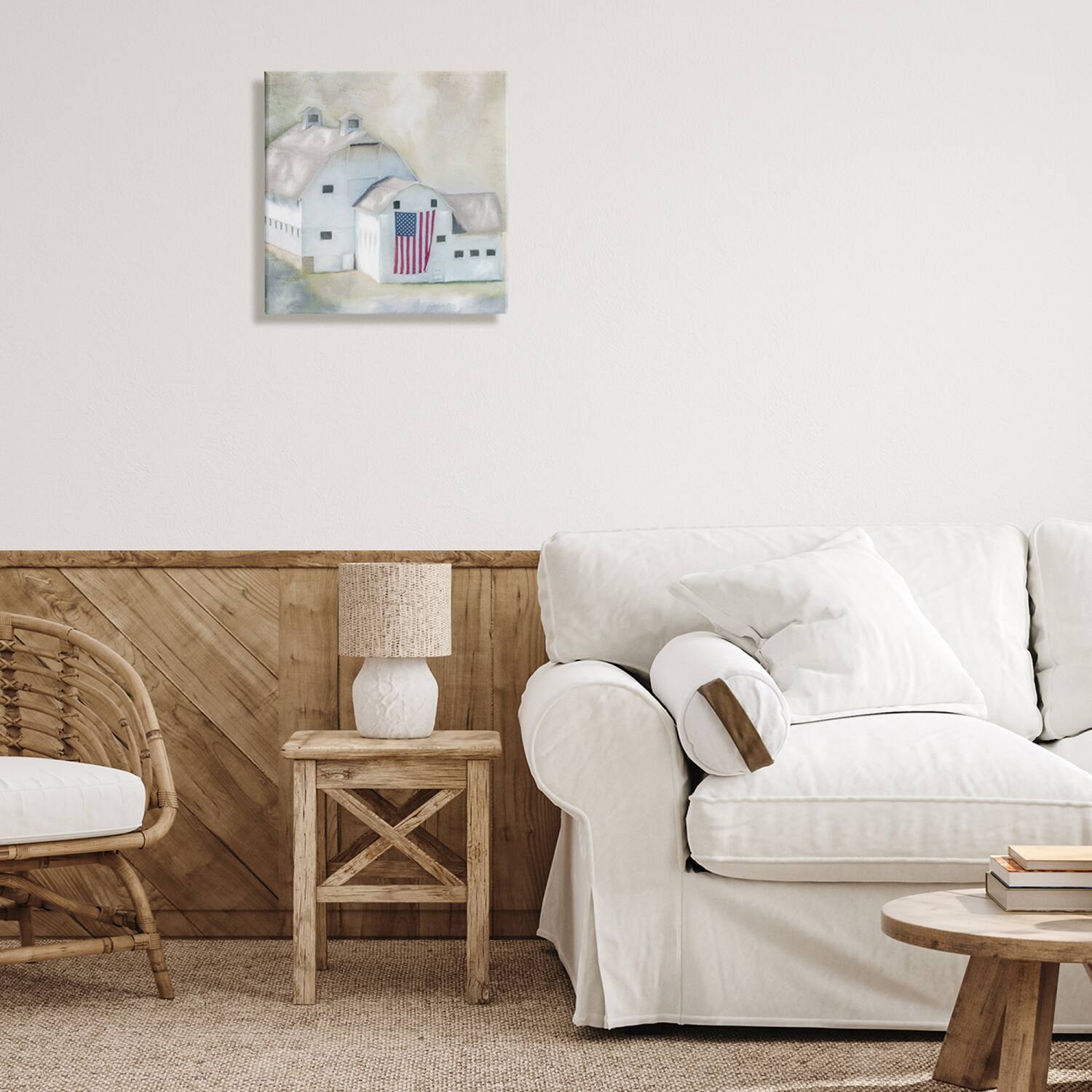 Stupell Industries American Flag White Farmhouse Barn Rural Countryside Canvas Wall Art