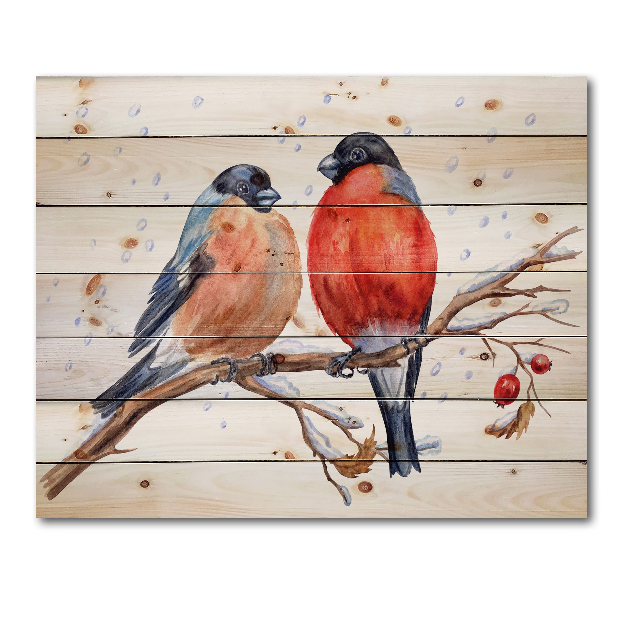 Designart - Two Bullfinches On A Hawthorn Branch with Snowfall - Traditional Print on Natural Pine Wood