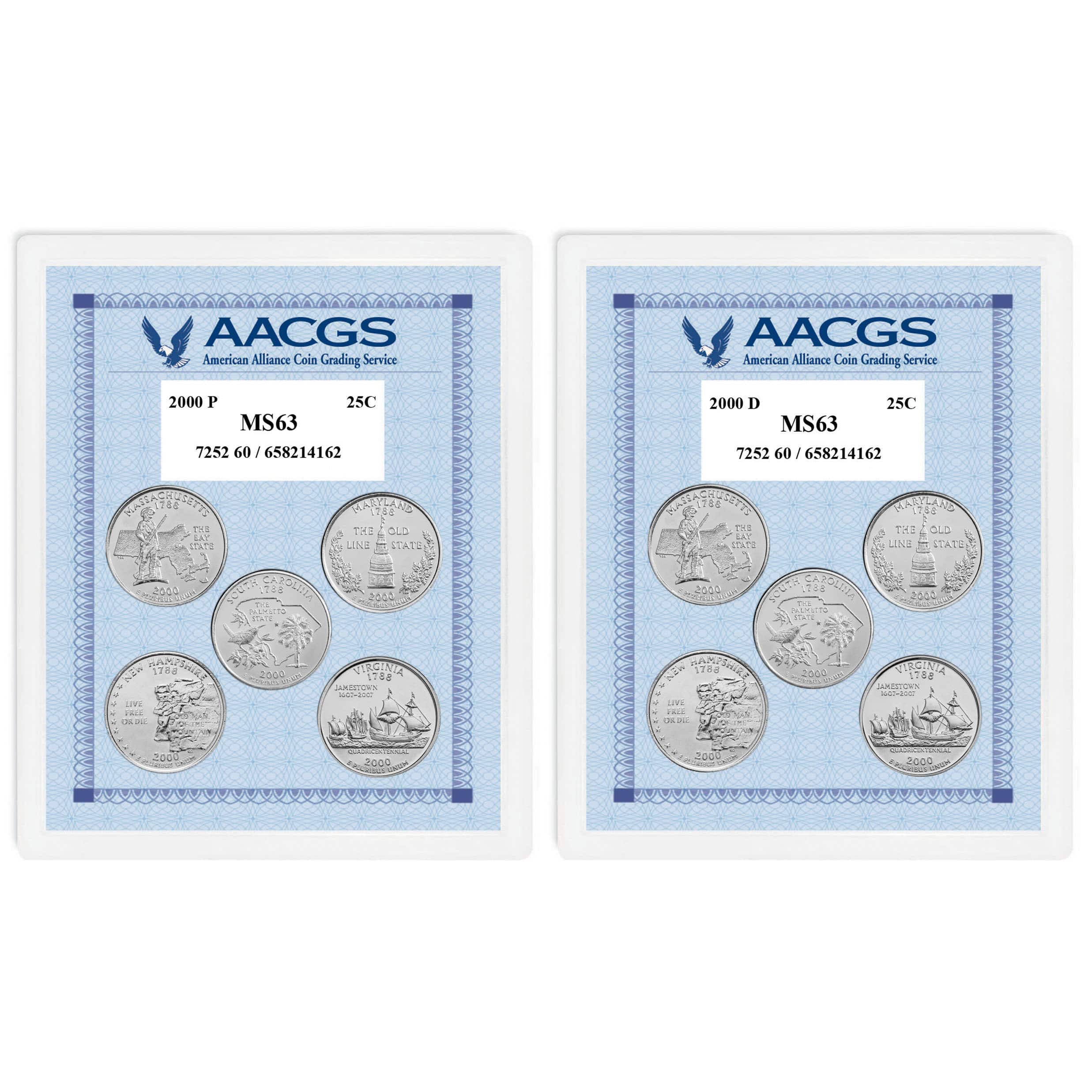 2000P & 2000D Statehood Quarters Graded MS63 Brilliant Uncirculated 