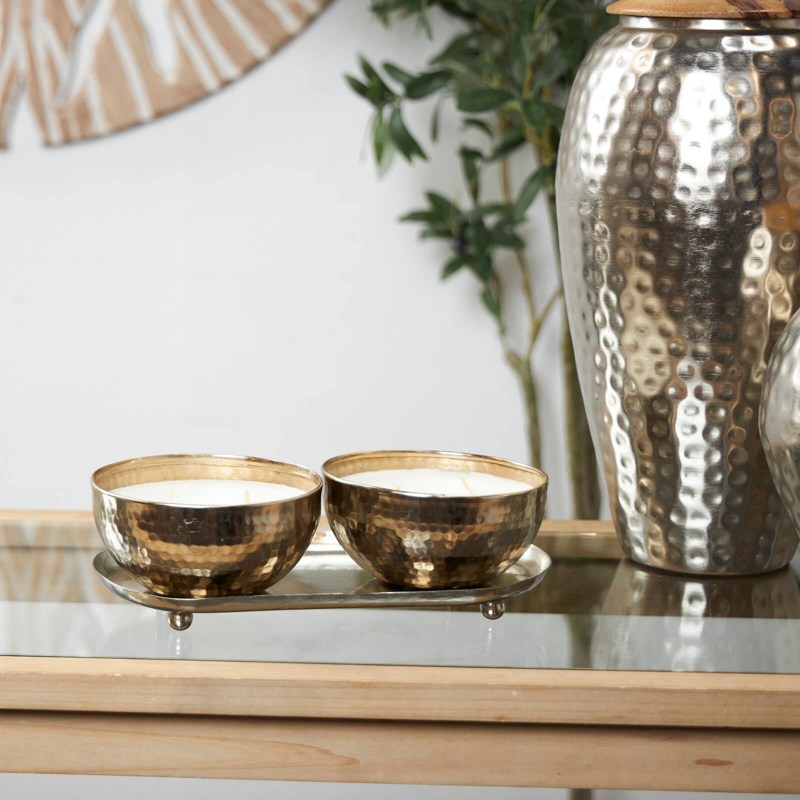 White Wax Vanilla Marshmallow Scented Candle Set with Silver Hammered Containers and Oval Holding Tray