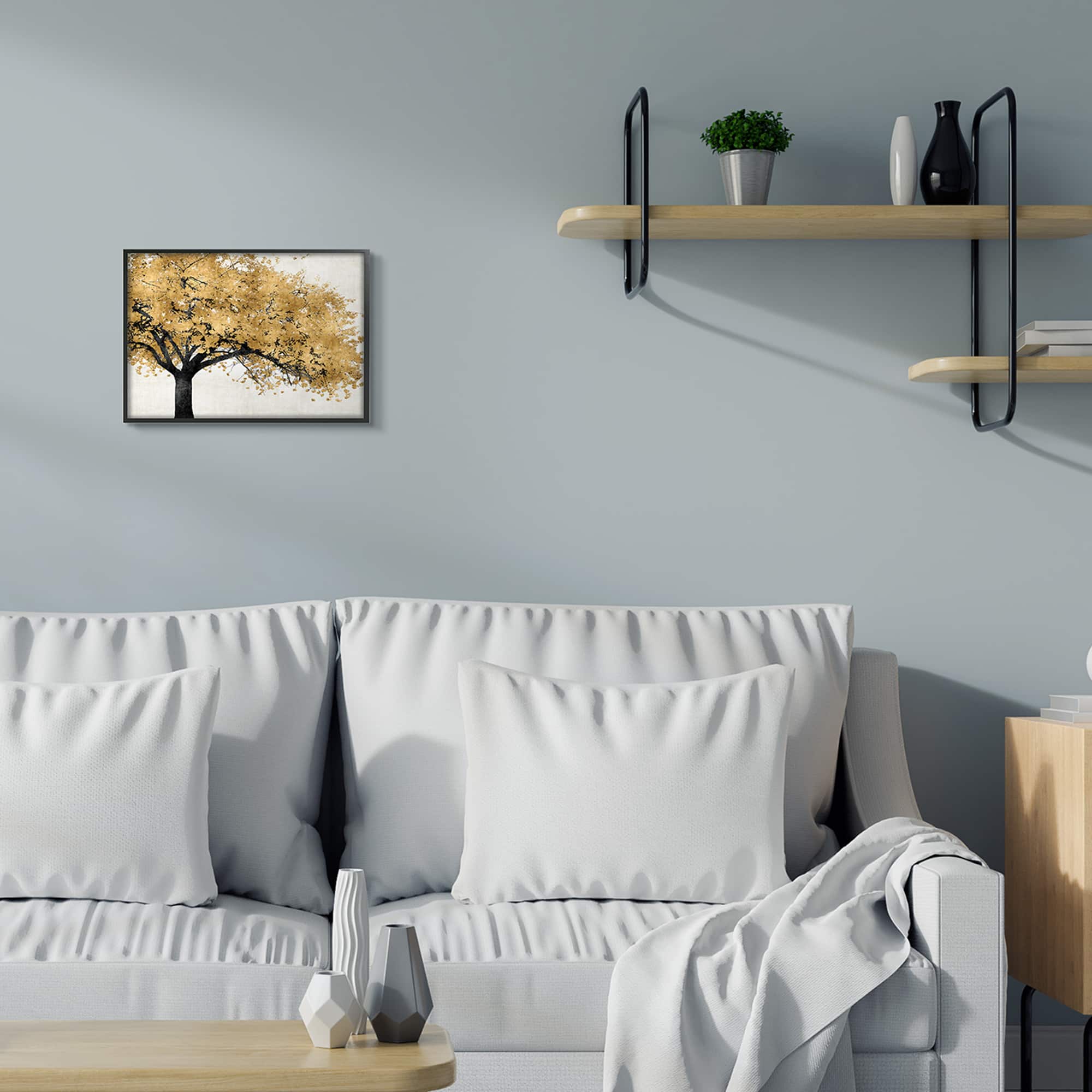 Stupell Industries Traditional Tree with Autumn Leaves over Neutral in Black Frame Wall Art