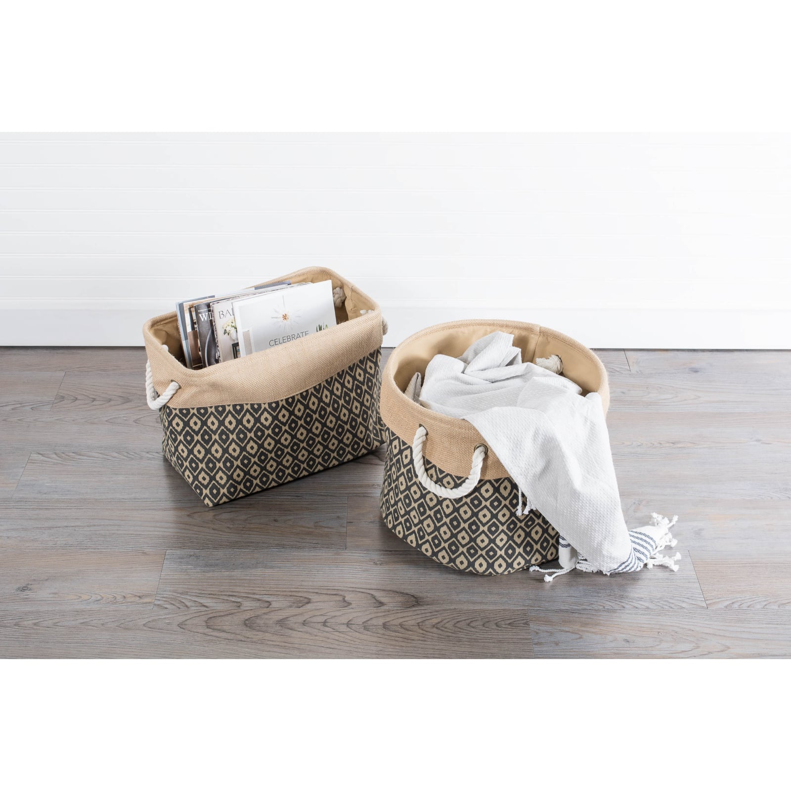 DII® 9" Black Ikat Rectangle Burlap Bin