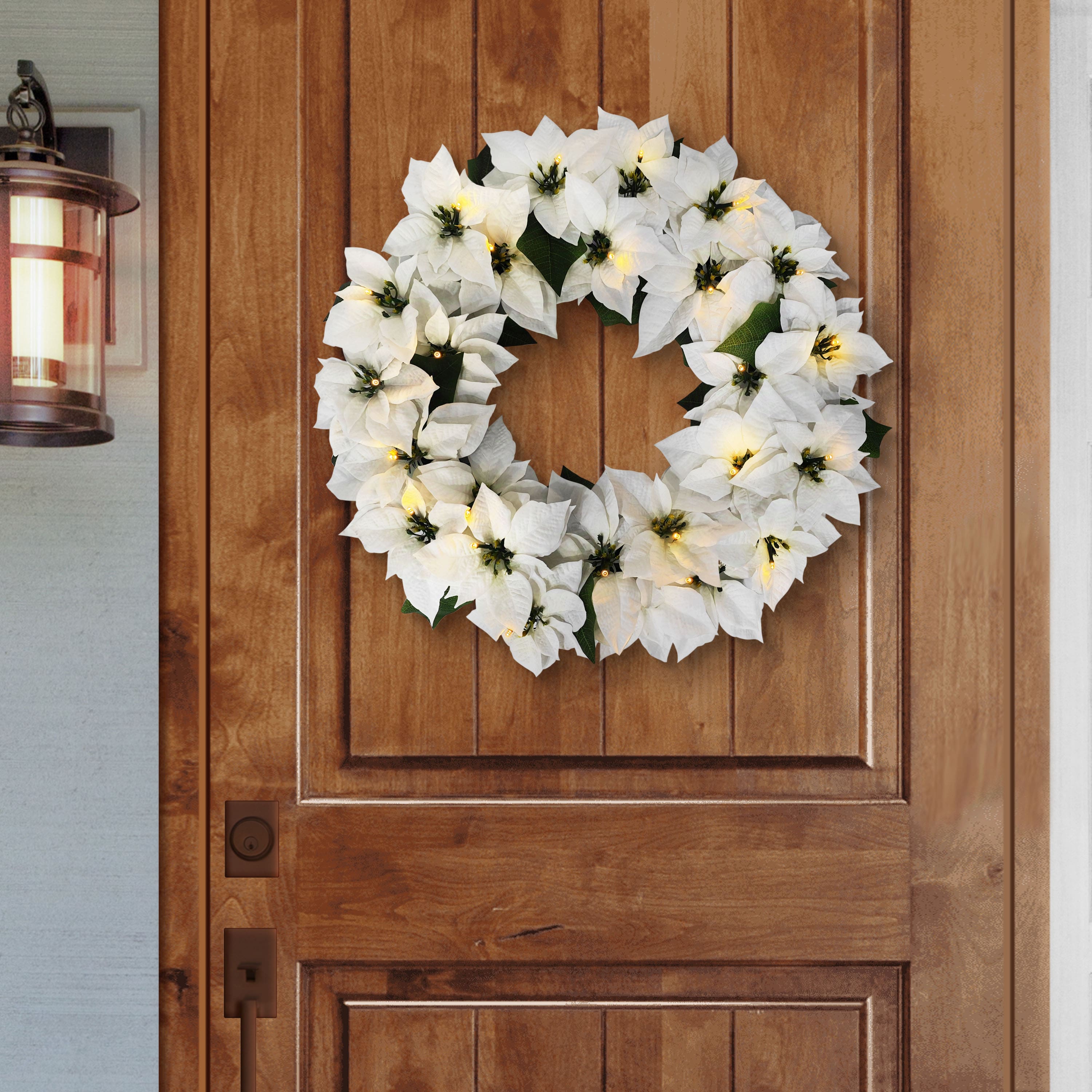 24" Pre-Lit White Poinsettia Artificial Wreath