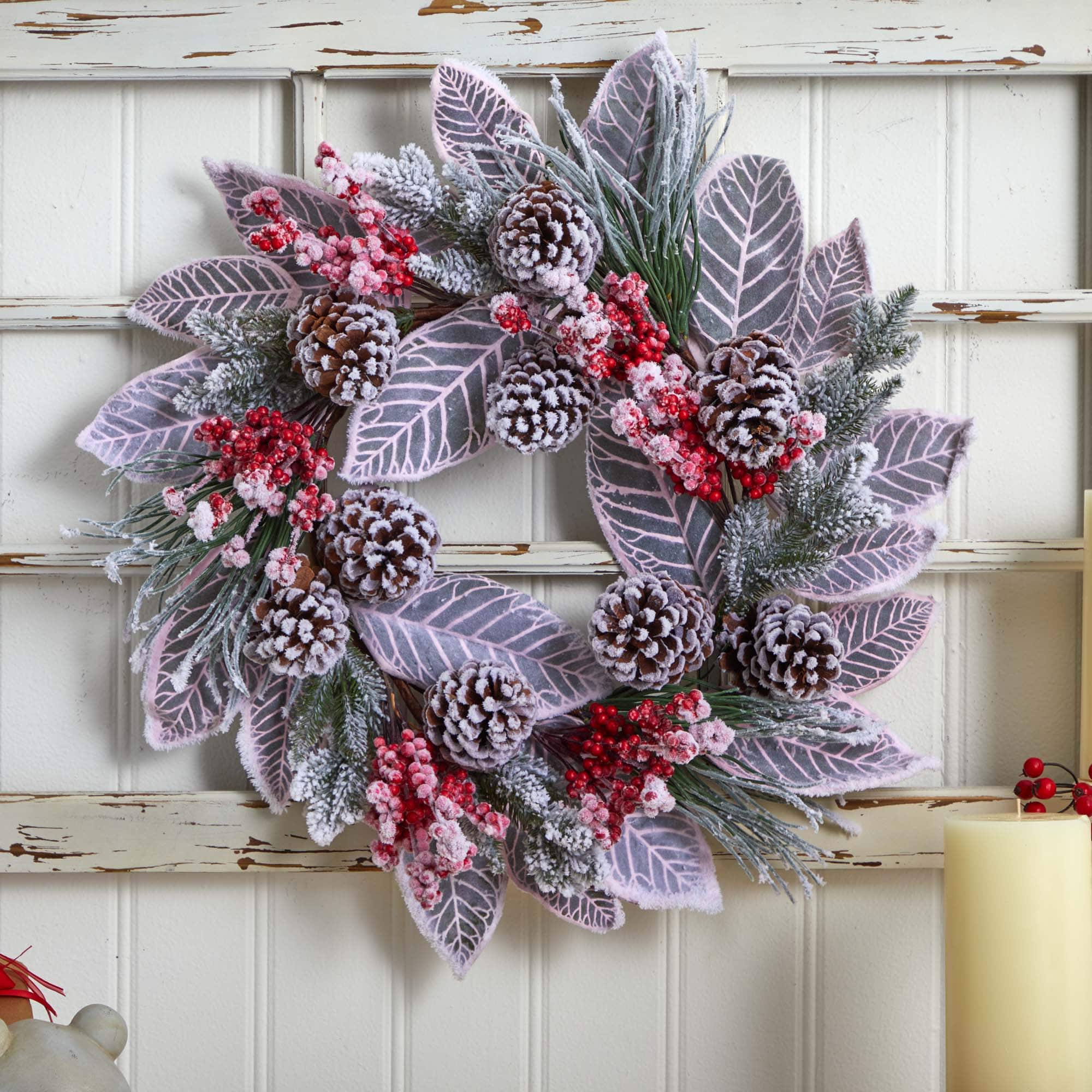 24" Snowy Magnolia Berry Wreath