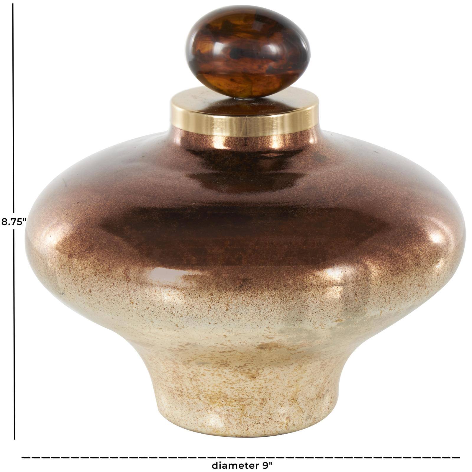 8.75" Beige, Gold & Copper Glass Wide Speckled Ombre Decorative Jar with Oval Top Knob