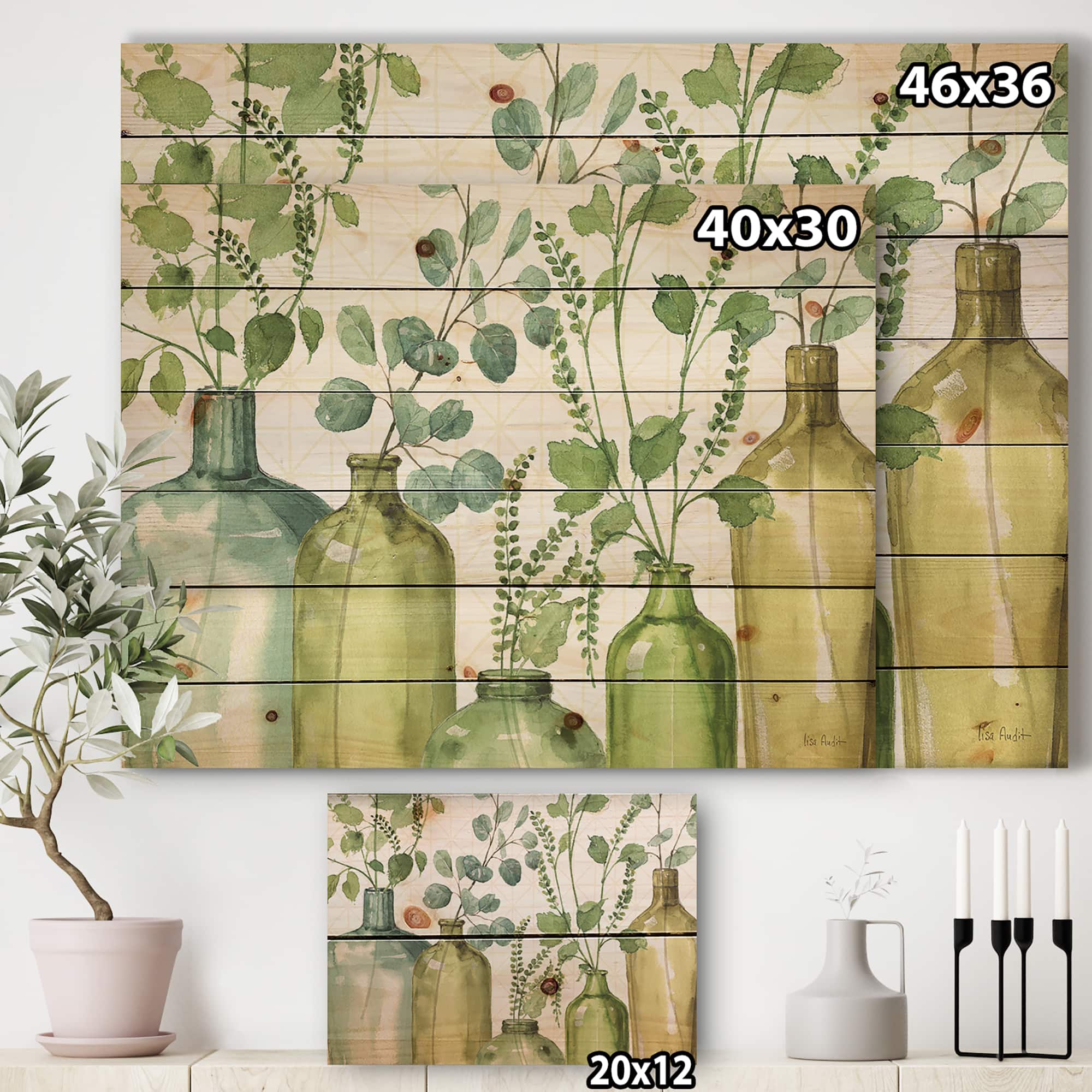 Designart - Mixed Botanical Green Leaves I0 - Cottage Print on Natural Pine Wood