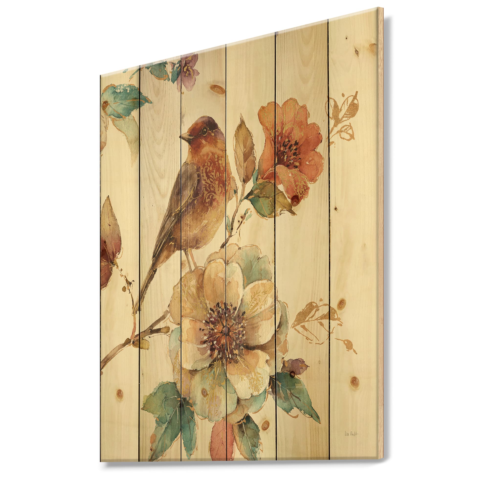 Designart - Farmhouse Bird on Flower Branch - Traditional Print on Natural Pine Wood