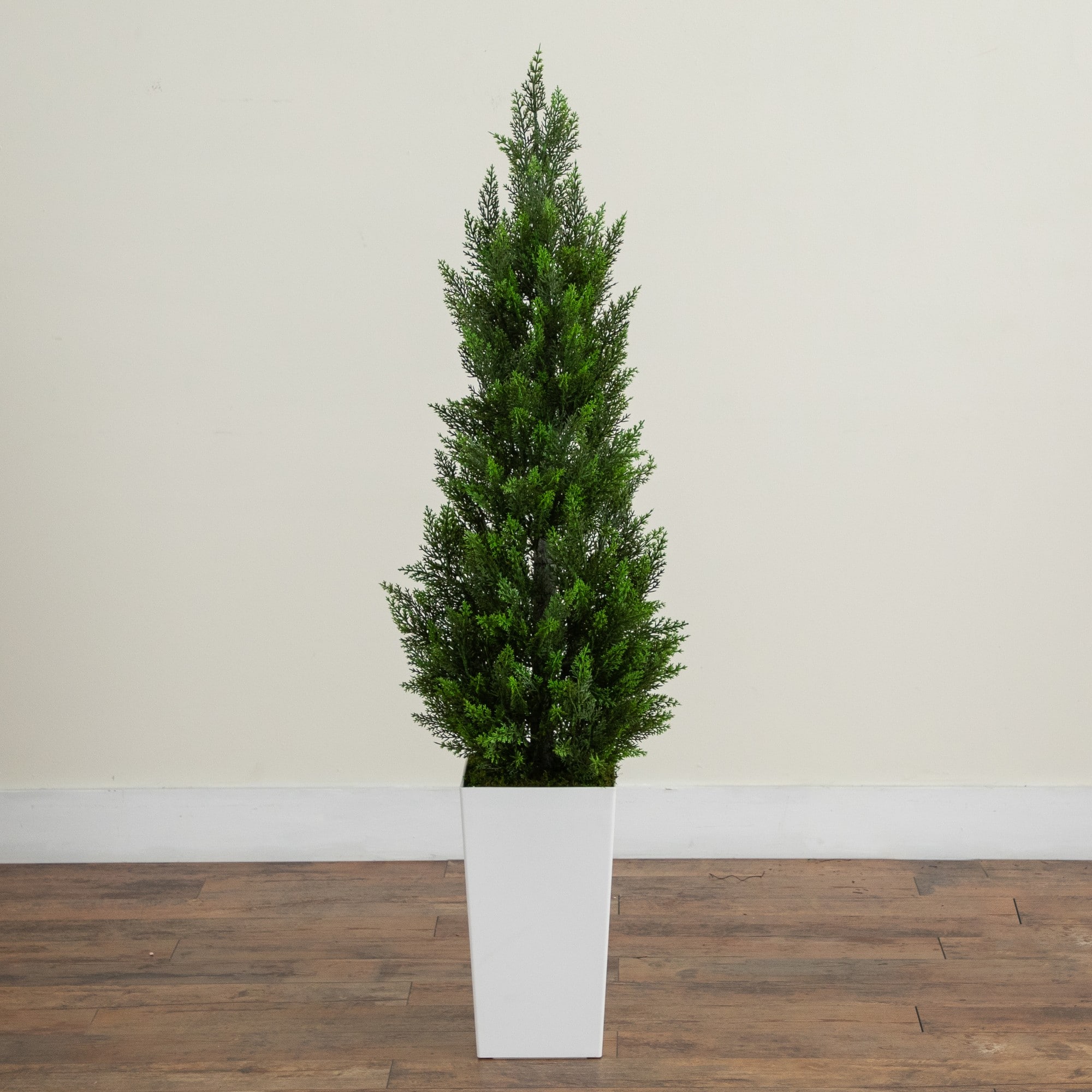 56" UV Resistant Artificial Cedar Tree in White Tower Planter (Indoor/Outdoor)