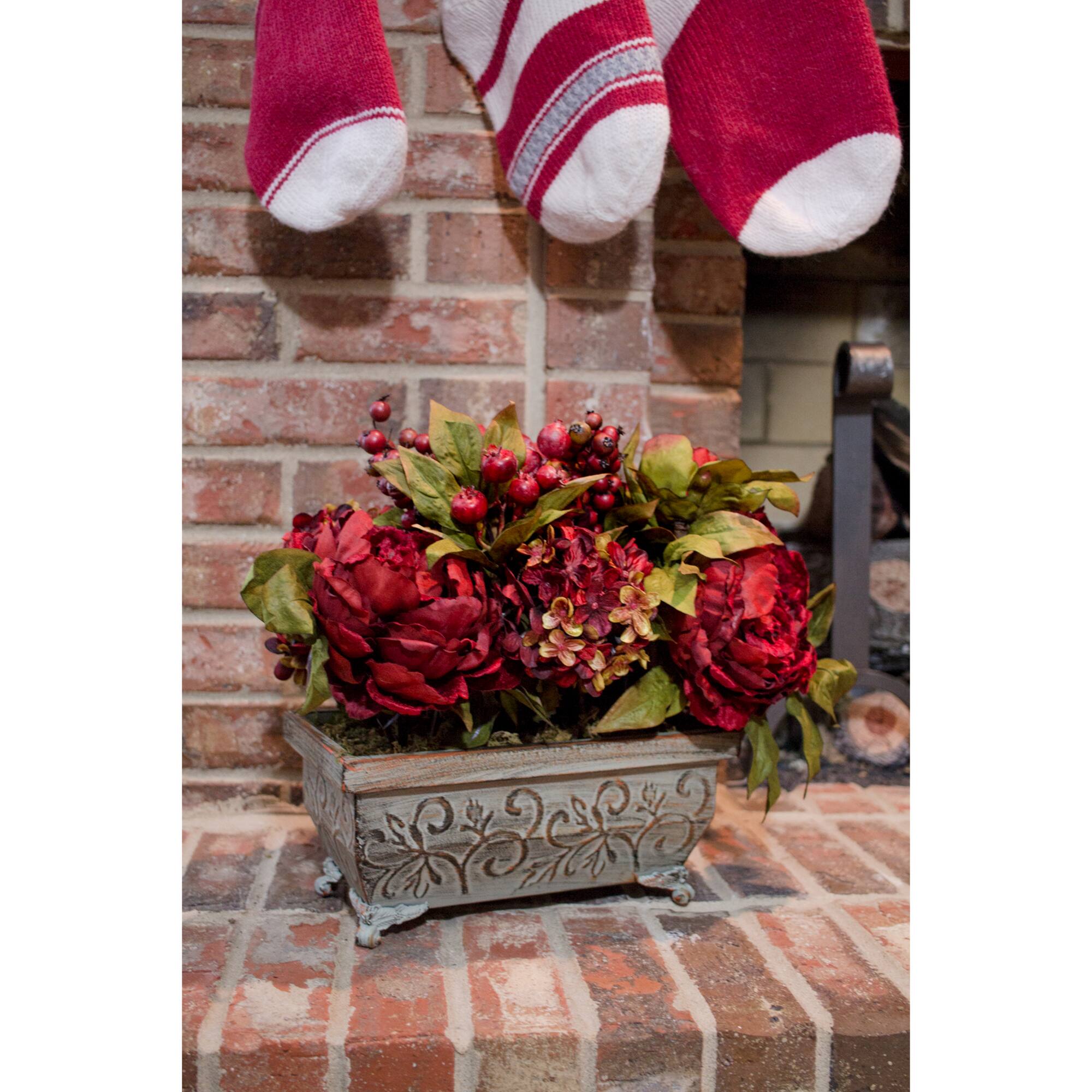 18" Red Peony & Hydrangea Arrangement in Decorative Planter