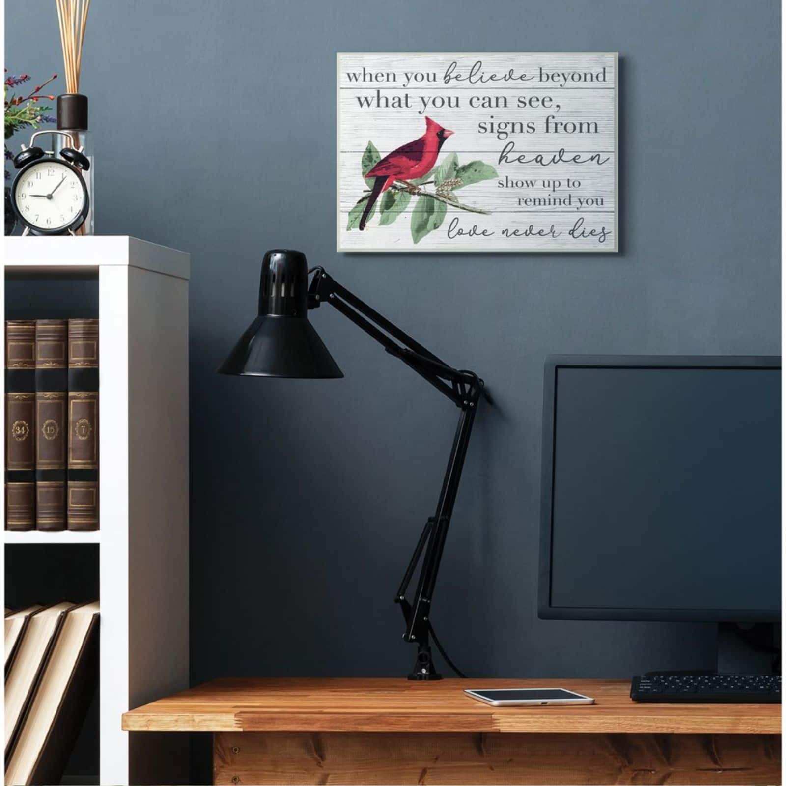 Stupell Industries Believe Love Never Dies Inspirational Cardinal Bird Word Design Wall Plaque
