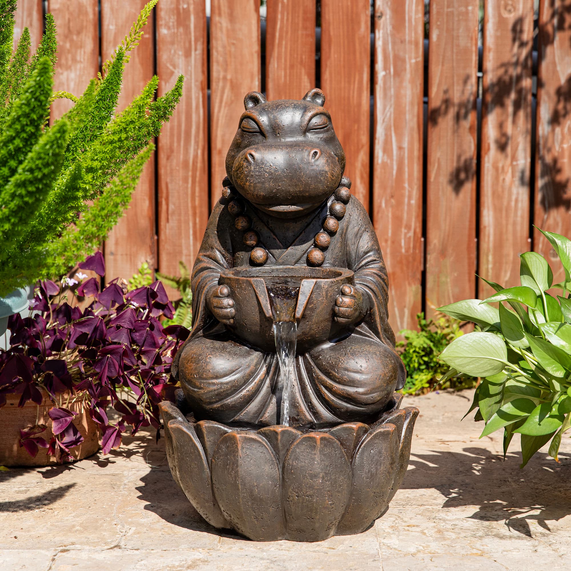 Glitzhome® 21.75" Zen-Style LED 2-Tier Bronze Hippo Outdoor Fountain