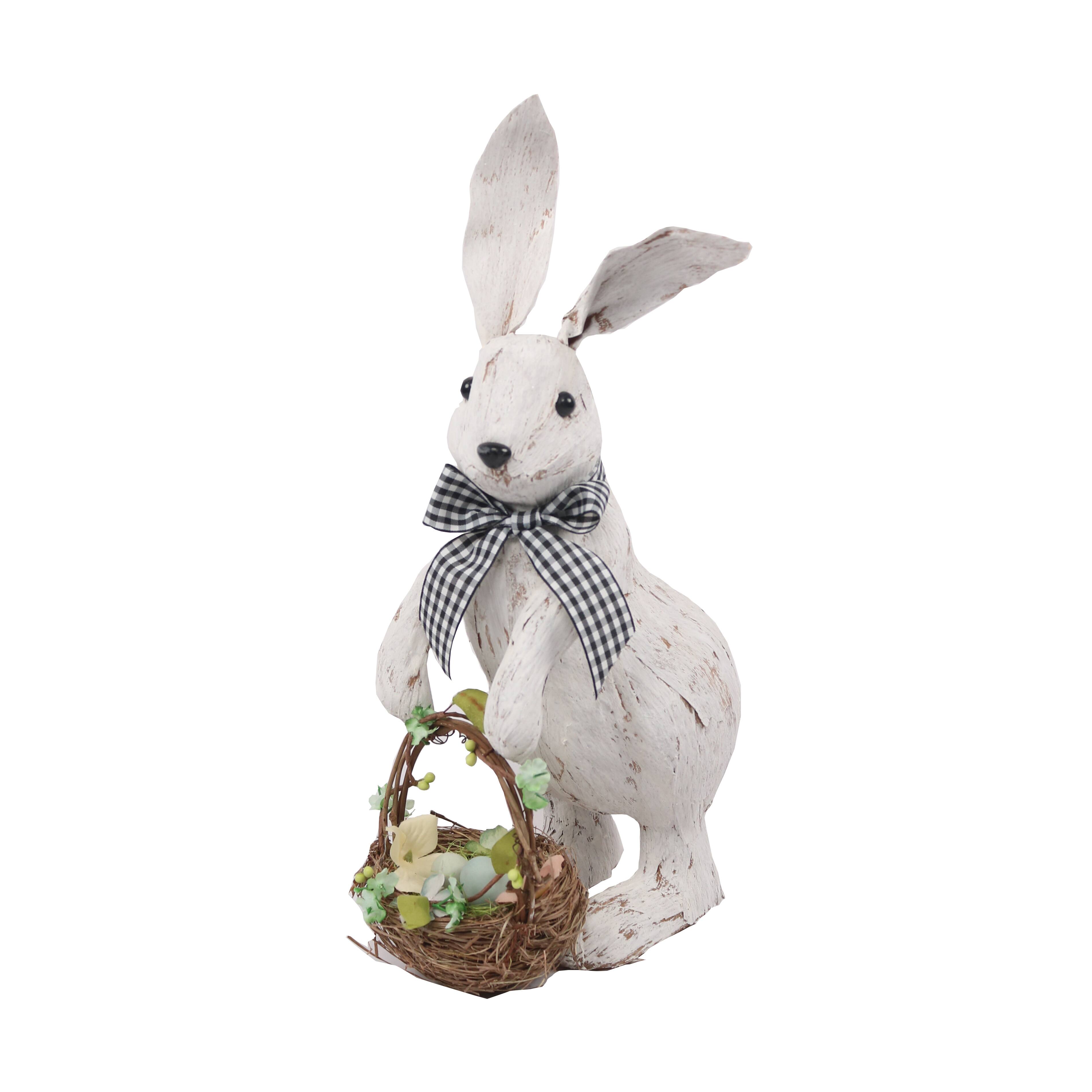 35737323 13 x 5 x 8 in. Rustic Rabbit with Easter Basket Standing Figure, Brushed White