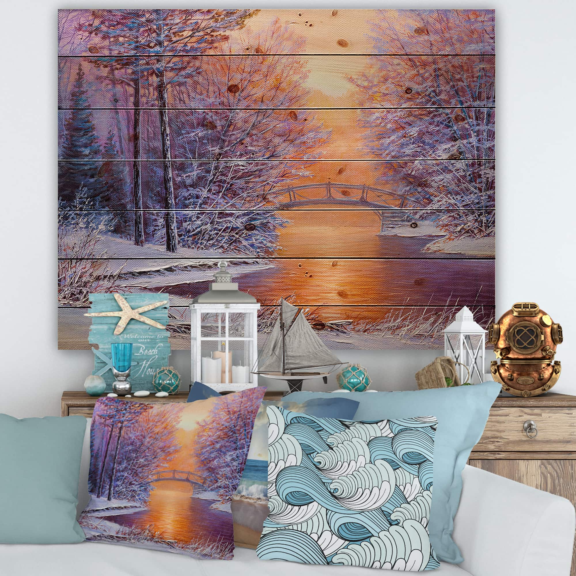 Designart - Bridge Over The River In Winter Landscape