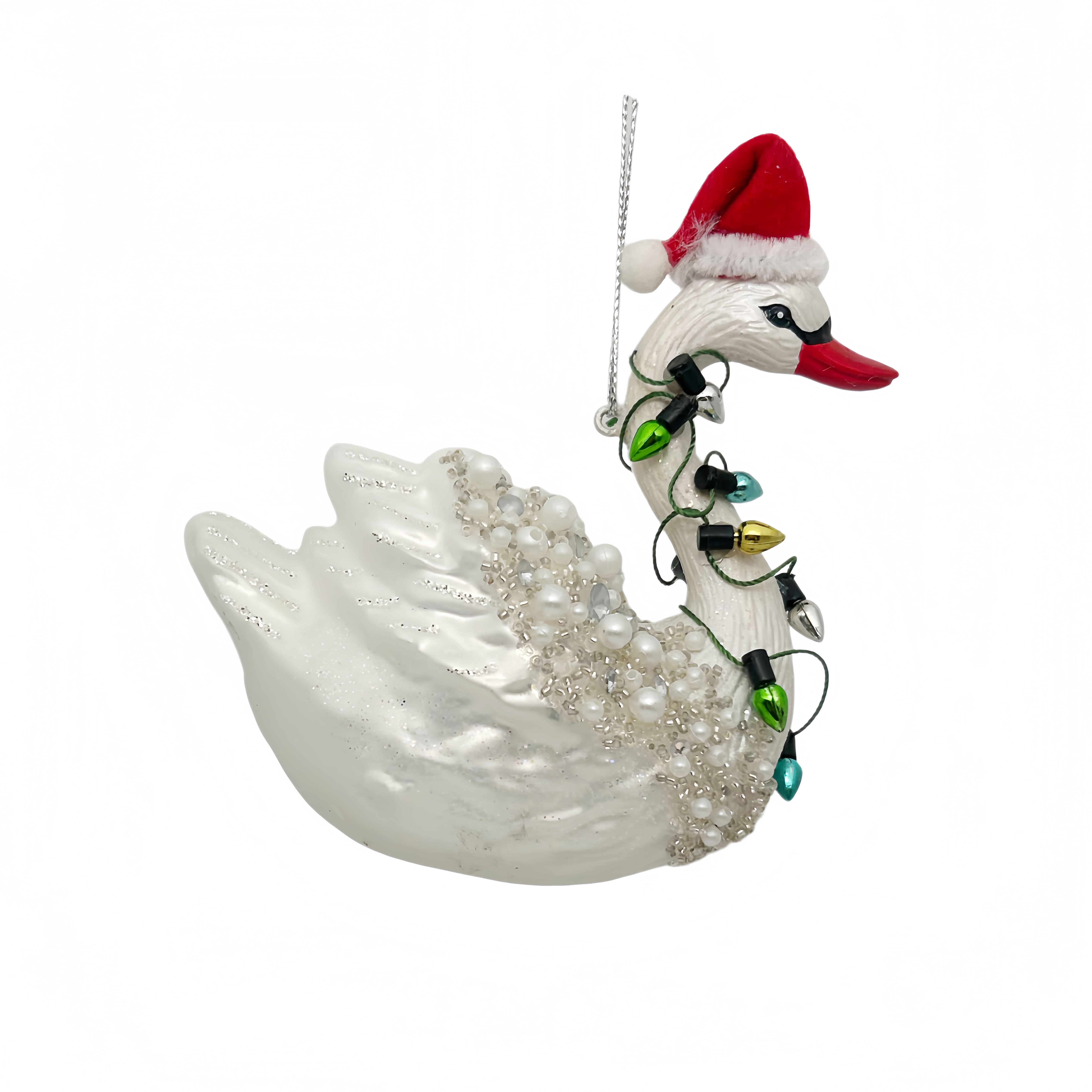4.25" Christmas Swan with Santa Hat Glass Ornament by Ashland®