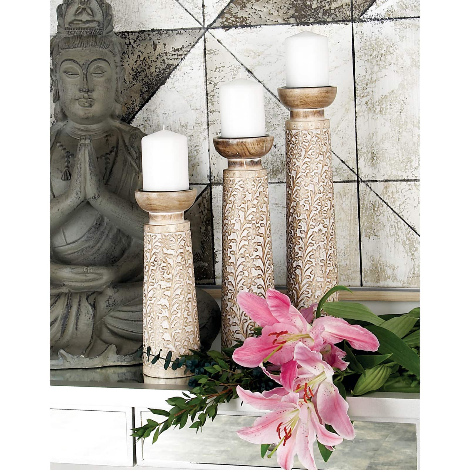Brown Natural Mango Wood Candle Holders Set, 13", 15" & 18"