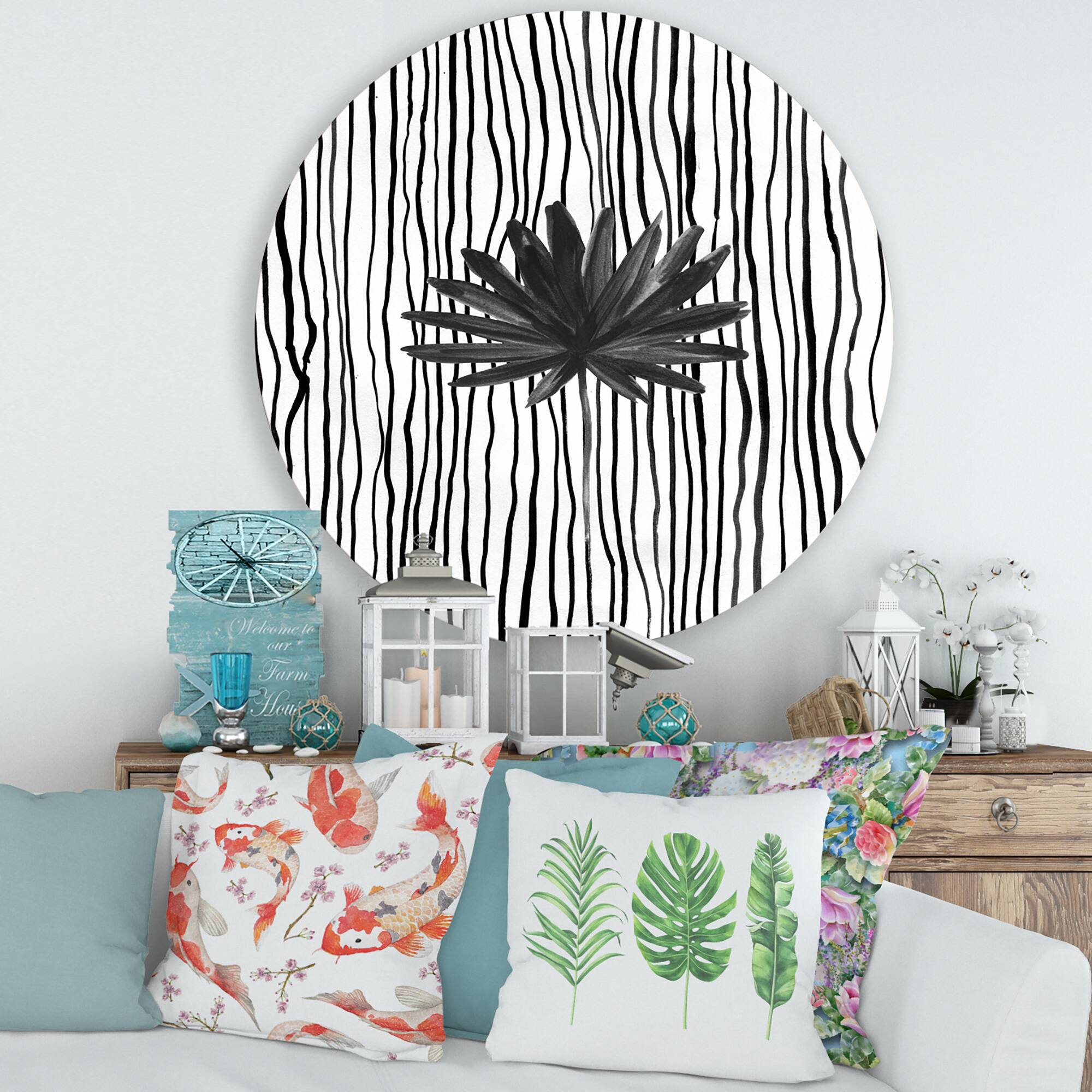 Designart - Black and White Tropical Leaf On Striped III - Modern Metal Circle Wall Art
