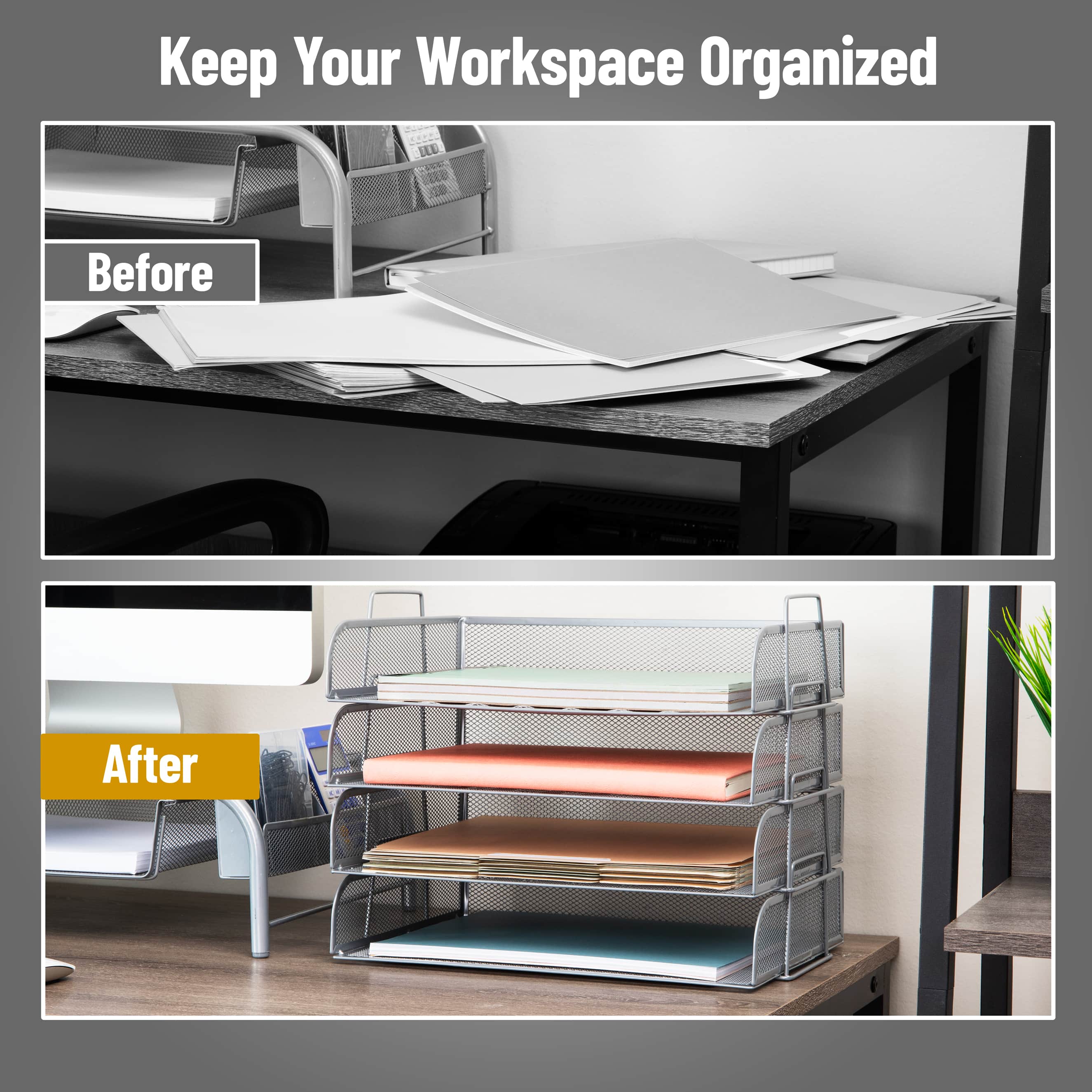 Mind Reader Stackable Paper Tray, Desktop Organizer, File Storage, Office, Metal Mesh, 4 Pcs., Silver