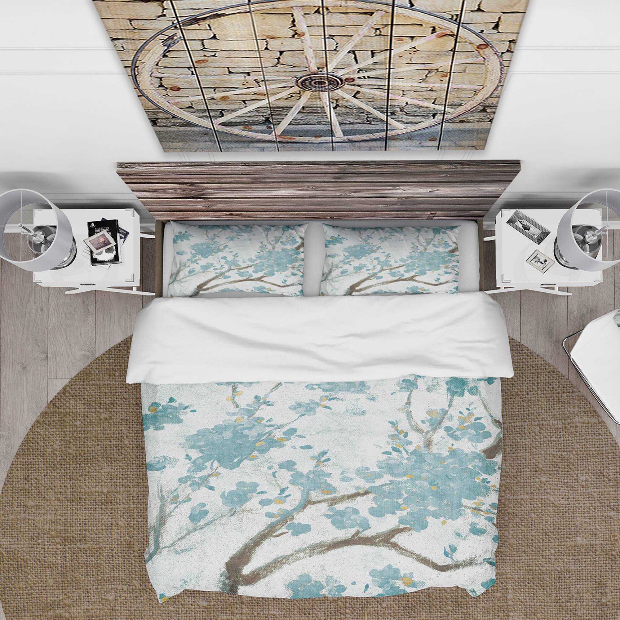 Designart 'Teal Cherry Blossoms I' Farmhouse Bedding Set - Duvet Cover & Shams