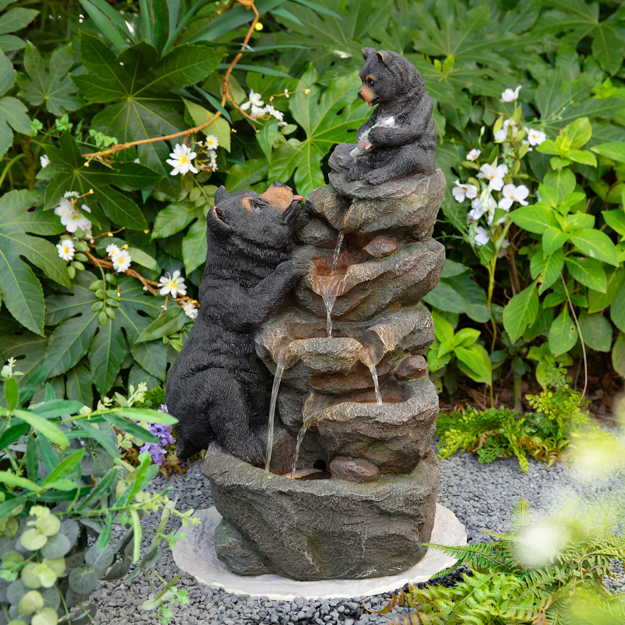 Glitzhome® 30.5" LED 4-Tier Mom & Baby Bear Outdoor Fountain