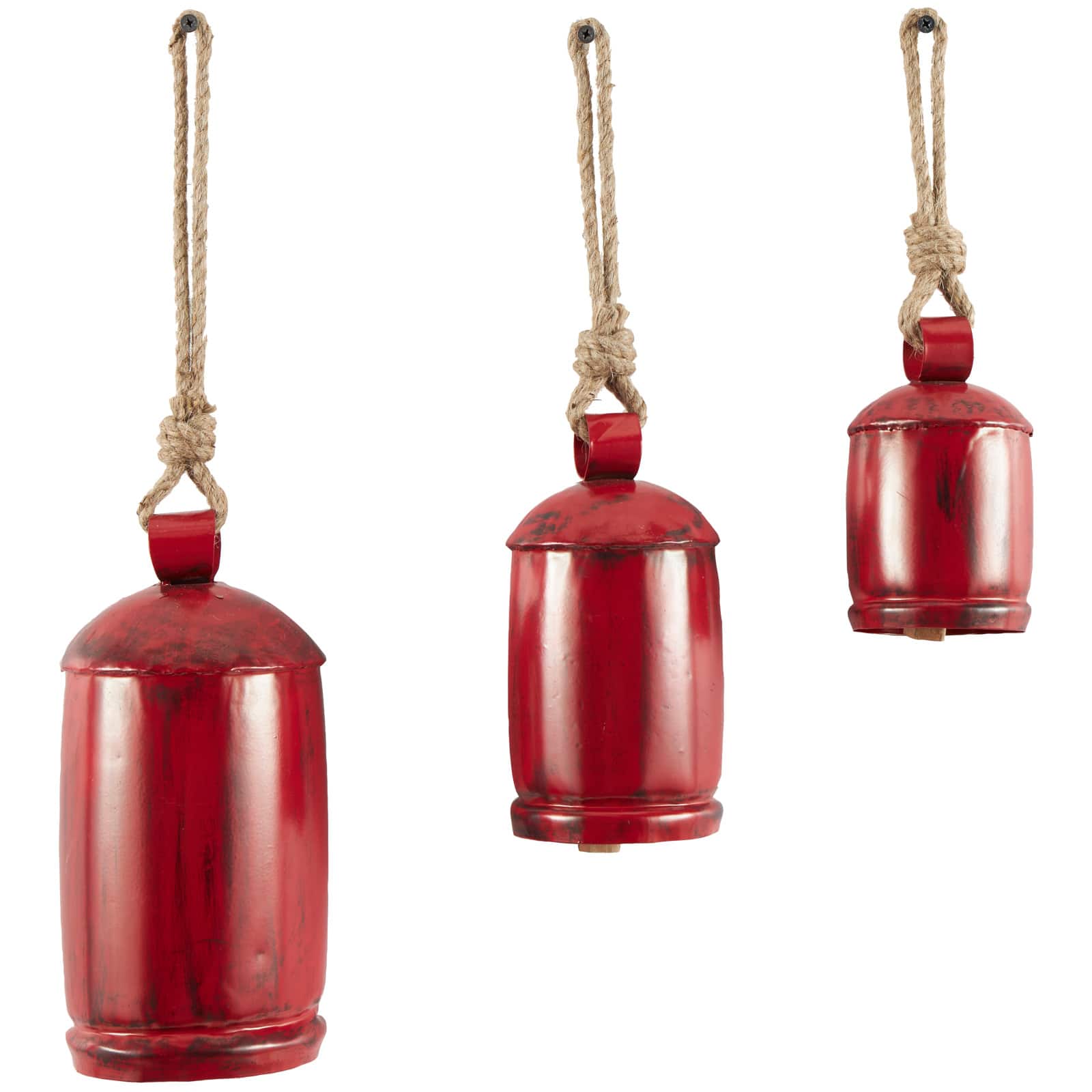 Red Metal Cow Bells Tibetan Inspired Decorative with Jute Hanging Rope Set