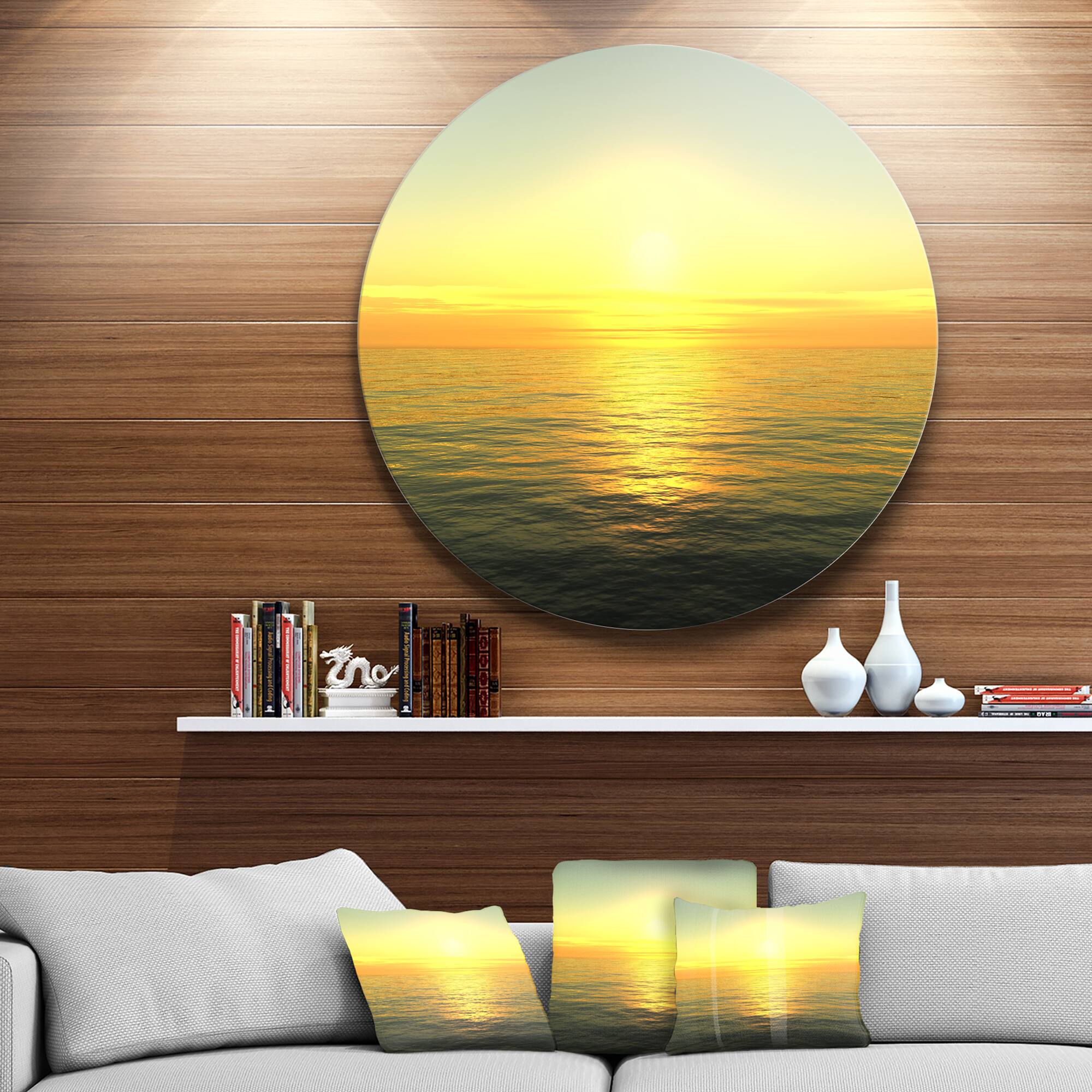 Designart - Brilliant Yellow Sunrise over Waters' Beach Photo Metal Circle Wall Art