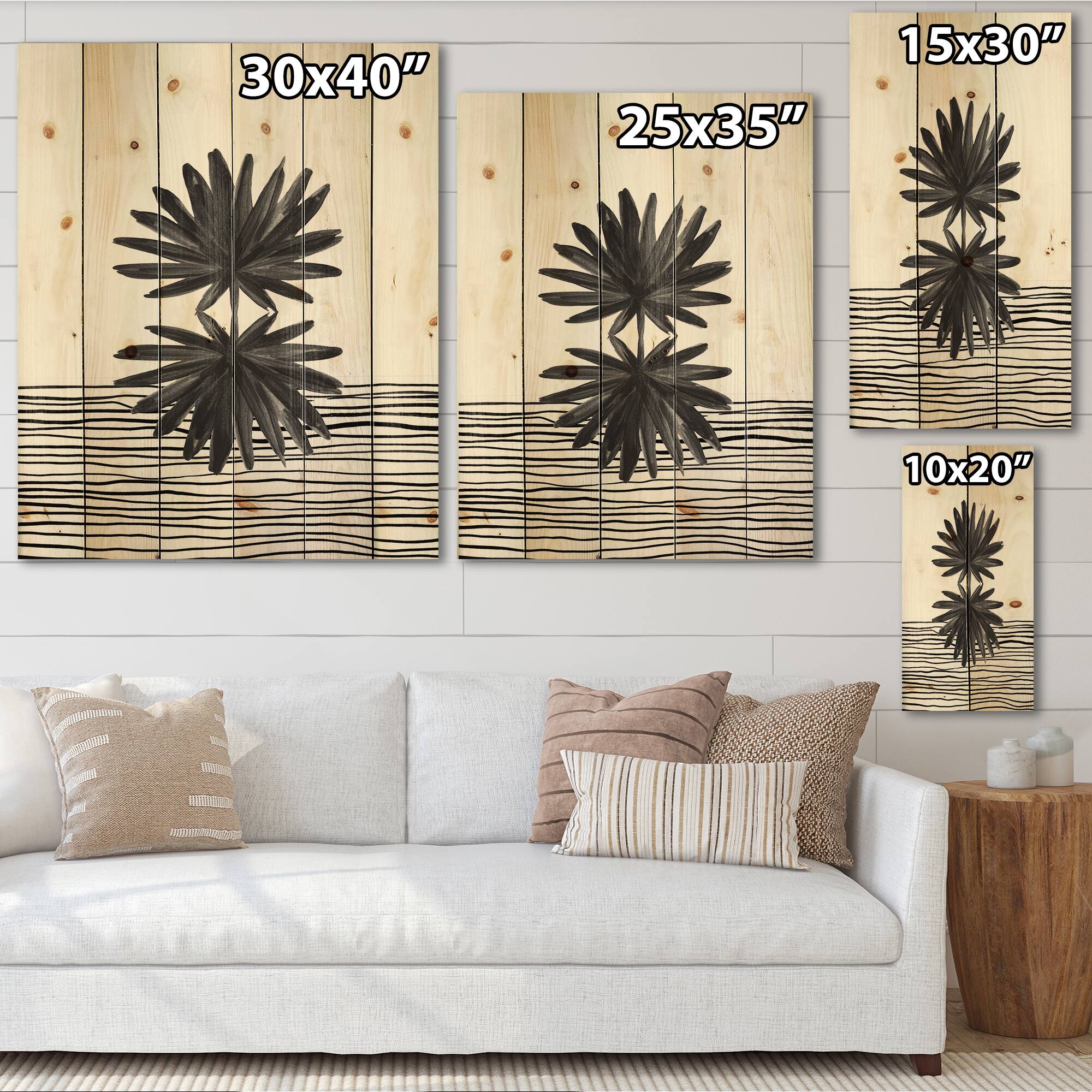 Designart - Black and White Tropical Leaf On Striped II - Modern Print on Natural Pine Wood