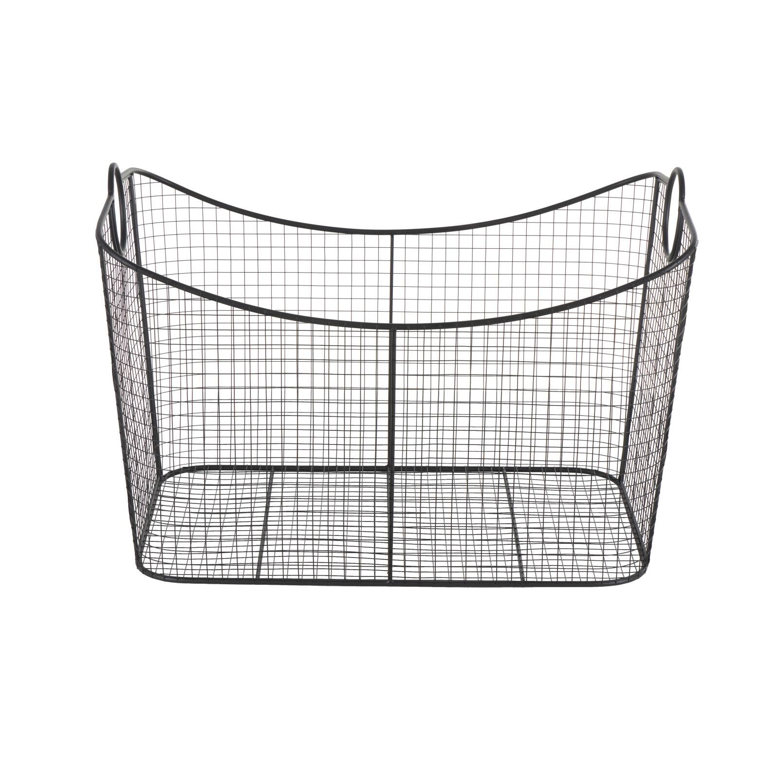 30.25" Black Metal Open Frame Wire Grid Storage Basket with Curved Sides & Ring Handles