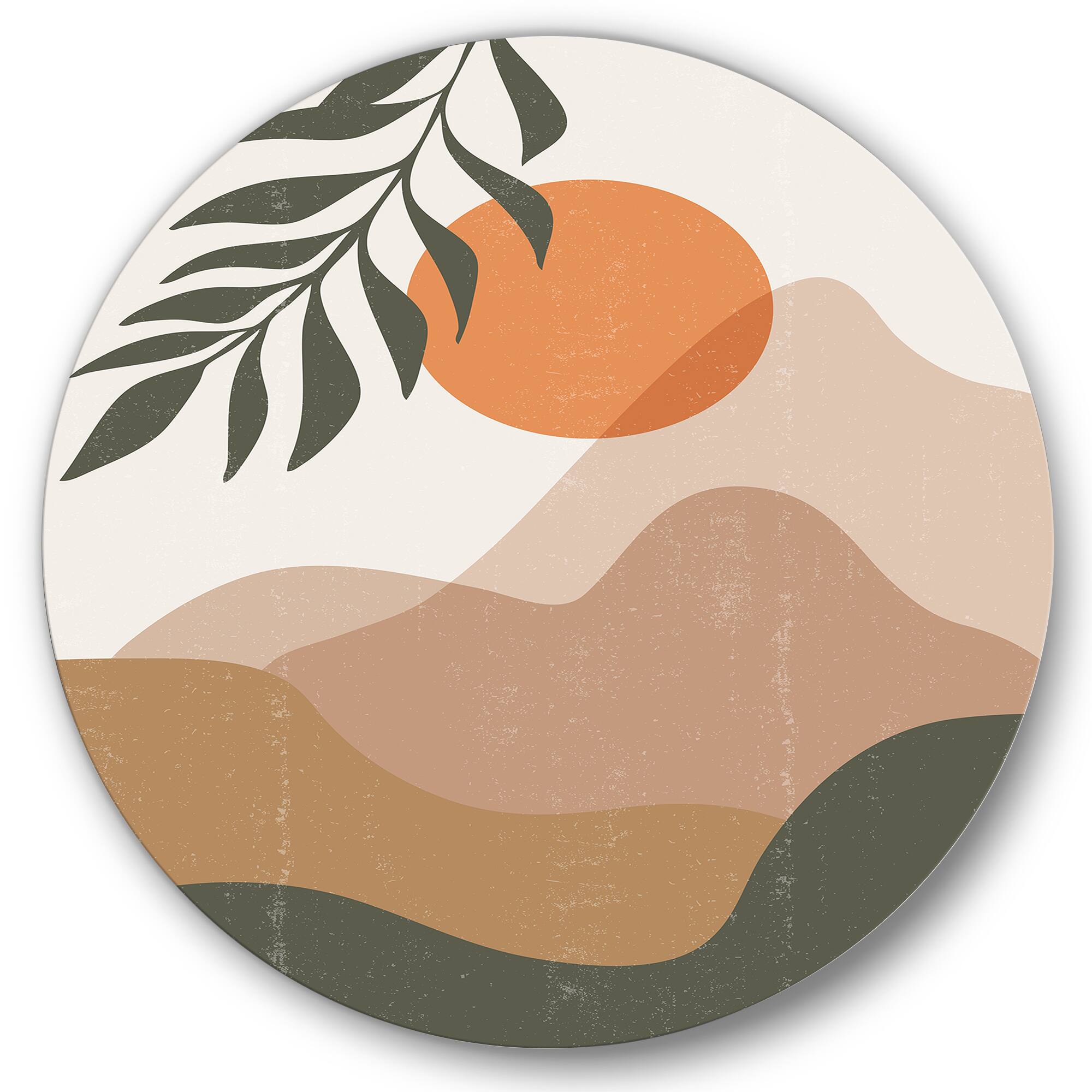 Designart - Abstract Red Moon In Earth Toned Mountains I - Modern Metal Circle Wall Art