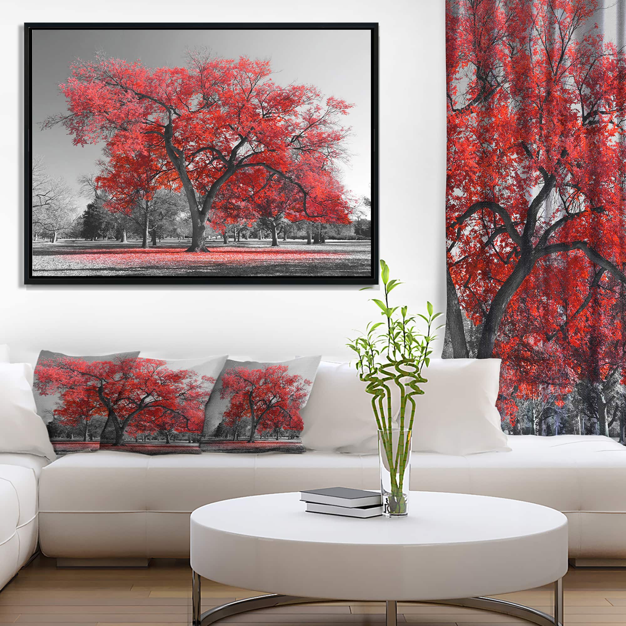 Designart - Big Red Tree on Foggy Day - Landscape Framed Canvas Art Print