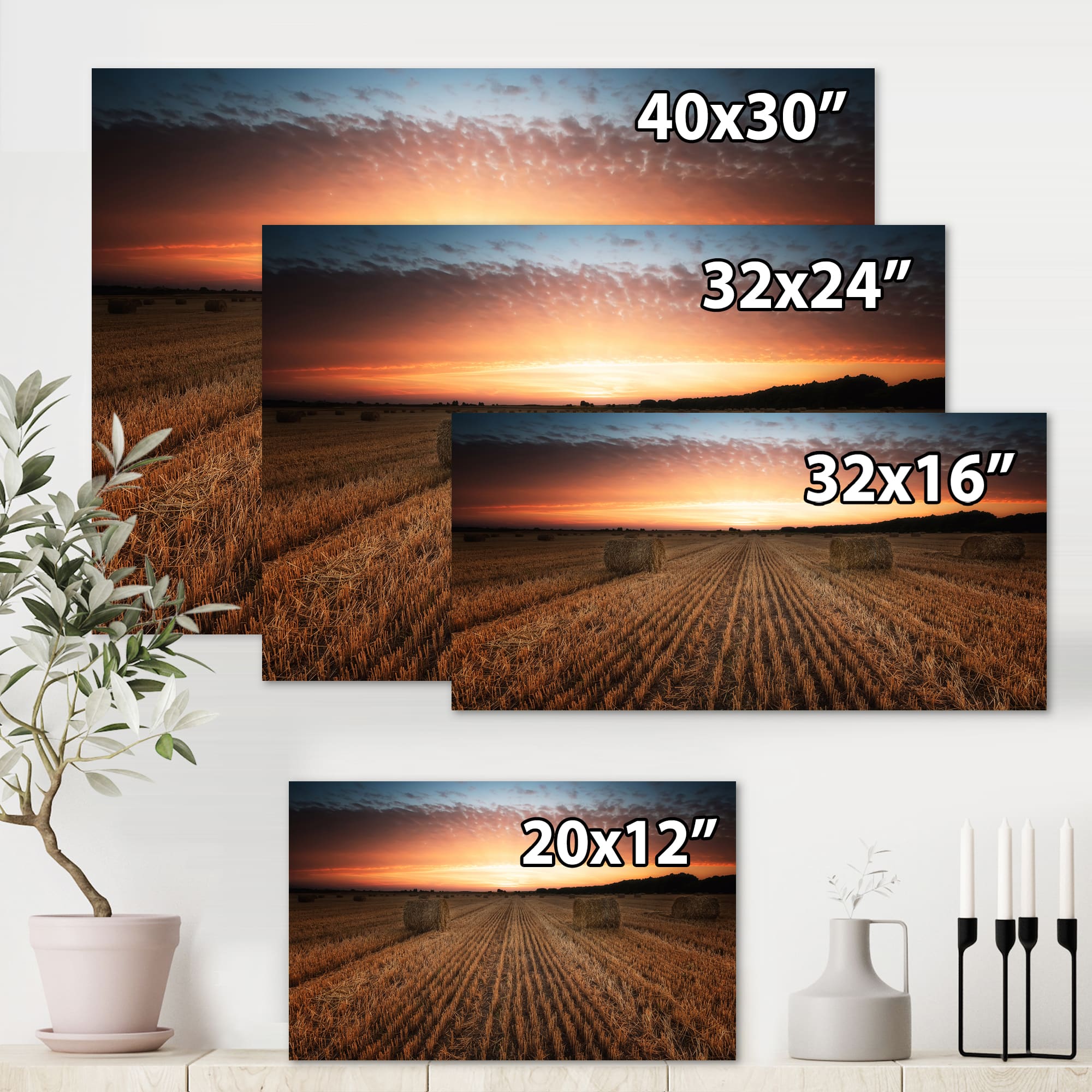 Designart - Landscape With A Field Full of Hay Bales At Sunset - Farmhouse Canvas Wall Art Print