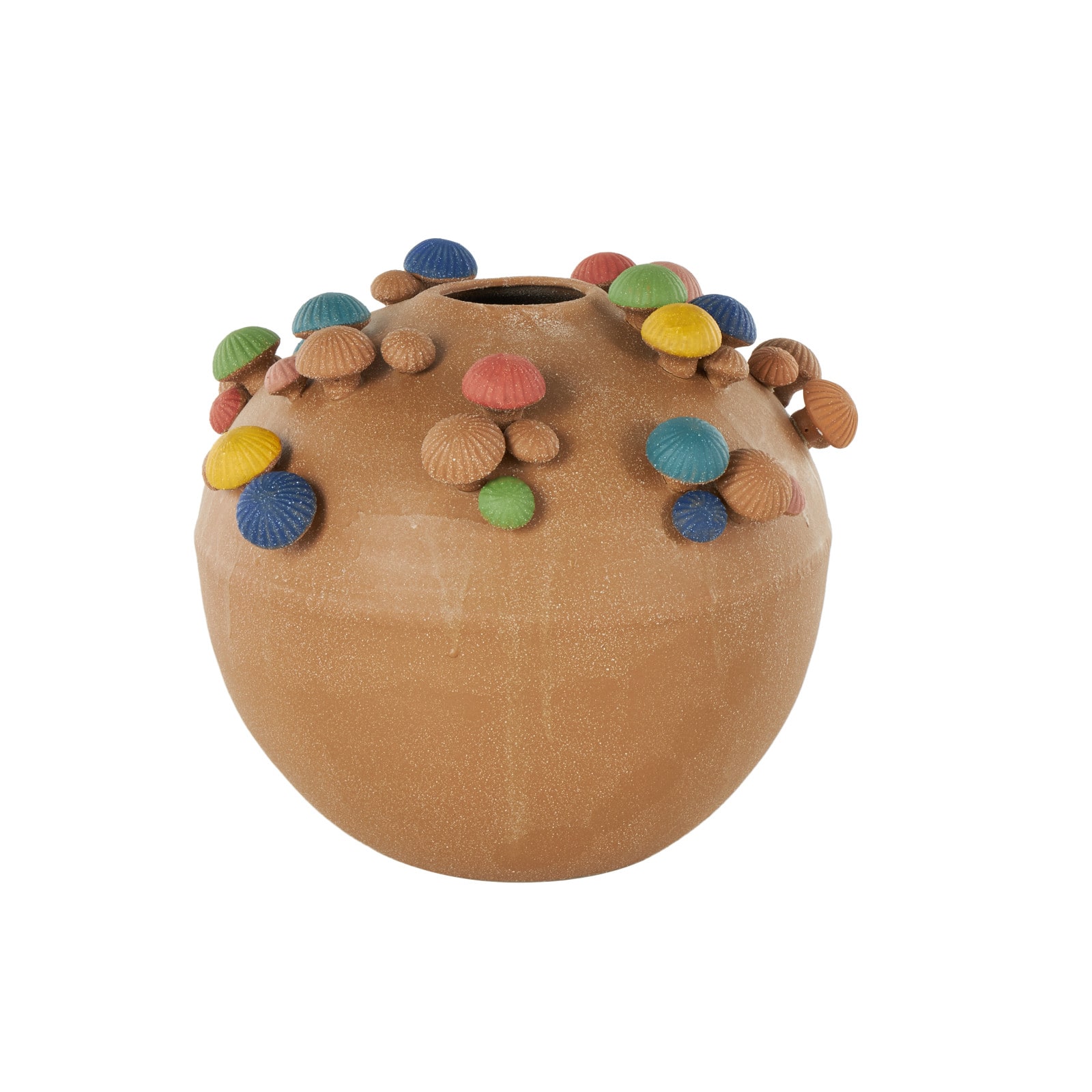 13" Brown Ceramic Round Wide Decorative Vase with Multicolor Mushroom Accents
